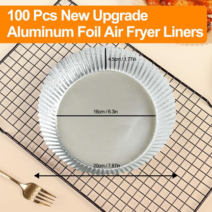 100 PCS Aluminum Foil Air Fryer Liners, Non-stick Air Fryer Disposable Paper Liner, Oil-proof Water-proof Sheets, Food Grade Aluminum Foil for Baking, Frying, Grilling, Roasting Microwave