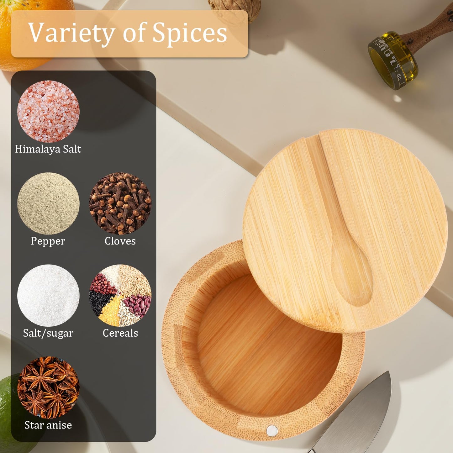 JIABEIUS 3Pcs Bamboo Salt Box with Swivel Lid and Spoon, Salt Cellar Containers with 8pcs Label Stickers, Wooden Spice Jars for Kitchen to Storage Pepper, Sugar, Herbs, Seasonings
