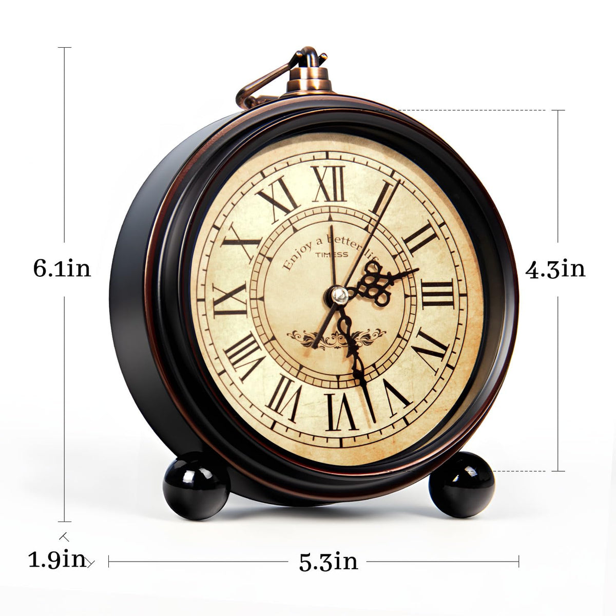 TIMESS Vintage Analog Alarm Clock, 4.3" Silent Non-Ticking Quartz Desk Clock with Roman Numerals, Battery Operated Table Clock for Bedroom, Living Room, Office, or Gift (White)