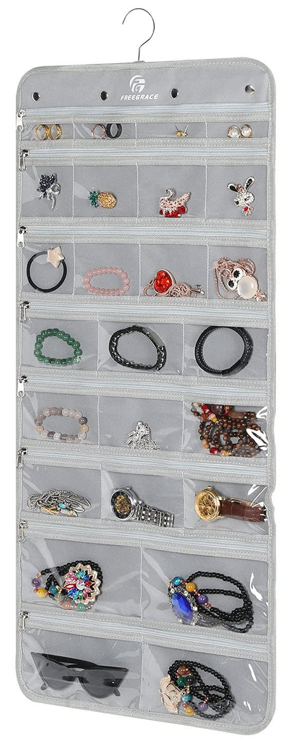Freegrace Hanging Jewelry Organizer with Secure Zipper Closure - 360° Revolving Hanger, 25 Clear Pockets, 23 Necklace Hooks - Foldable Travel Storage & Closet Display (Gray)
