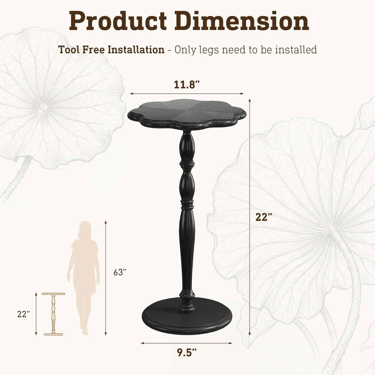 STO'SENSE Black Round Side Table,Drink Table for Small Spaces,Mid-Century Modern Accent Nightstand w/Solid Wood Leg,Sofa Pedestal Table w/Classic Sculpted Design for Living Room,Tool-Free Assembly