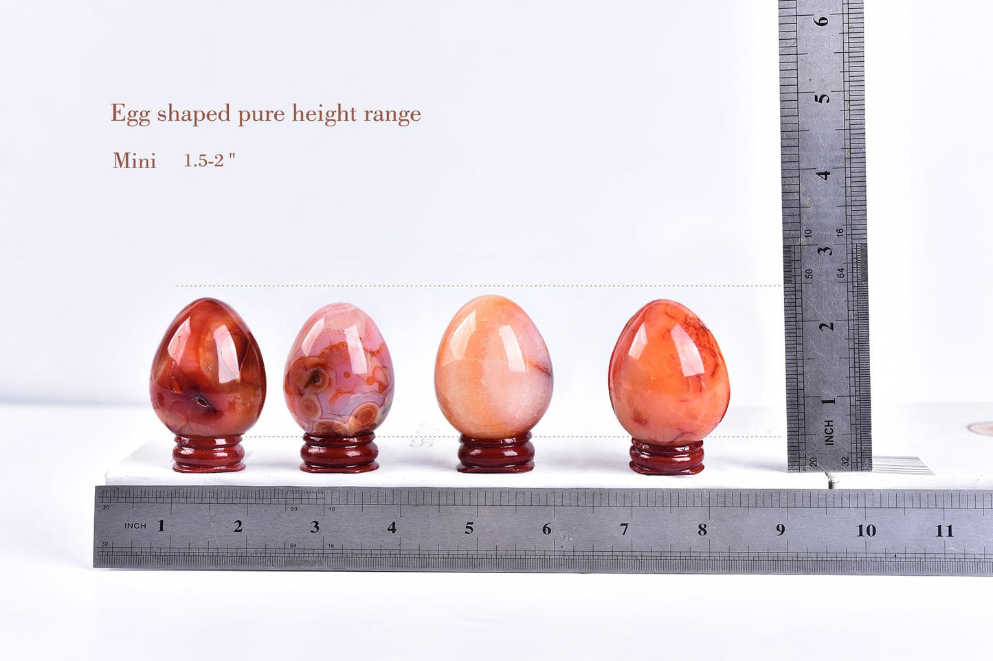 AMOYSTONE Red Agate Eggs Set of 4 (Polished Banded Agate) - Natural Gemstone Specimens with Wooden Base for Display & Collection (1.5-2 Inch, 2.8 oz)