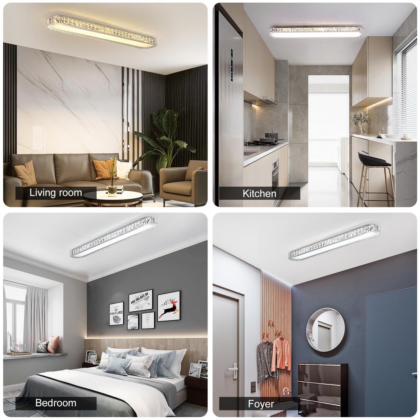 Qcyuui Dimmable LED Ceiling Light 39.4'' Kitchen Lighting Fixtures Ceiling Modern Luxury Crystal Ceiling Light with Remote Chrome Long Ceiling Light Fixture for Kitchen Dining Room Hallway,48W