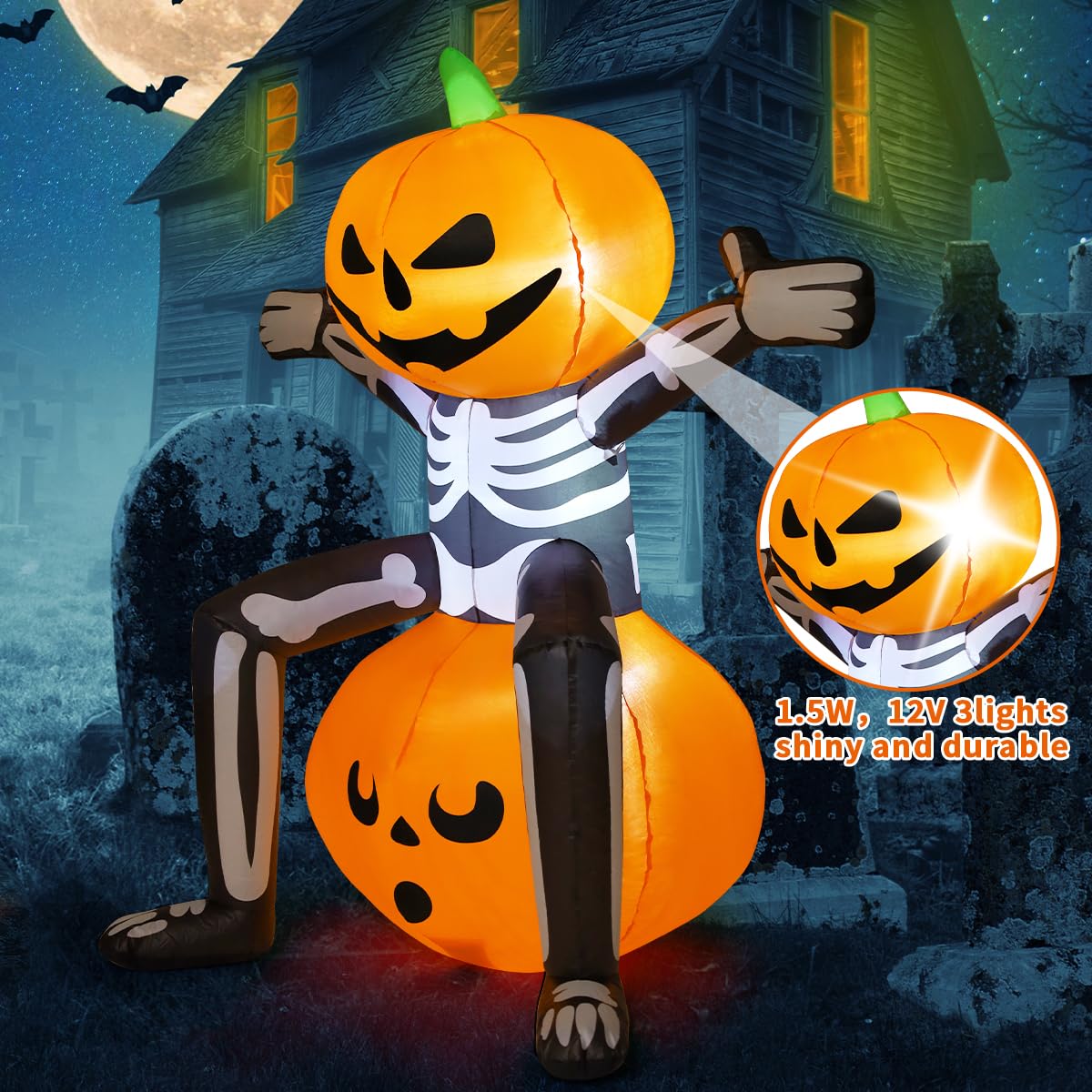 COMIN Halloween Inflatables 5FT Skull Skeleton Pumpkin Head with Built-in LEDs Blow Up Yard Decoration for Holiday Party Indoor, Outdoor, Yard, Garden, Lawn