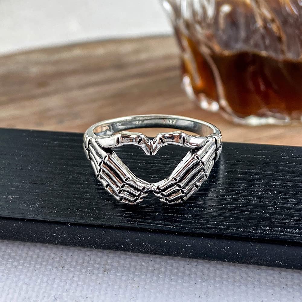 FORUBUS Retro Skull Hand Heart Ring Gothic Style Love Heart Gesture Skeleton Hand Ring for Rock Biker Halloween Trick Costume Jewelry-8
