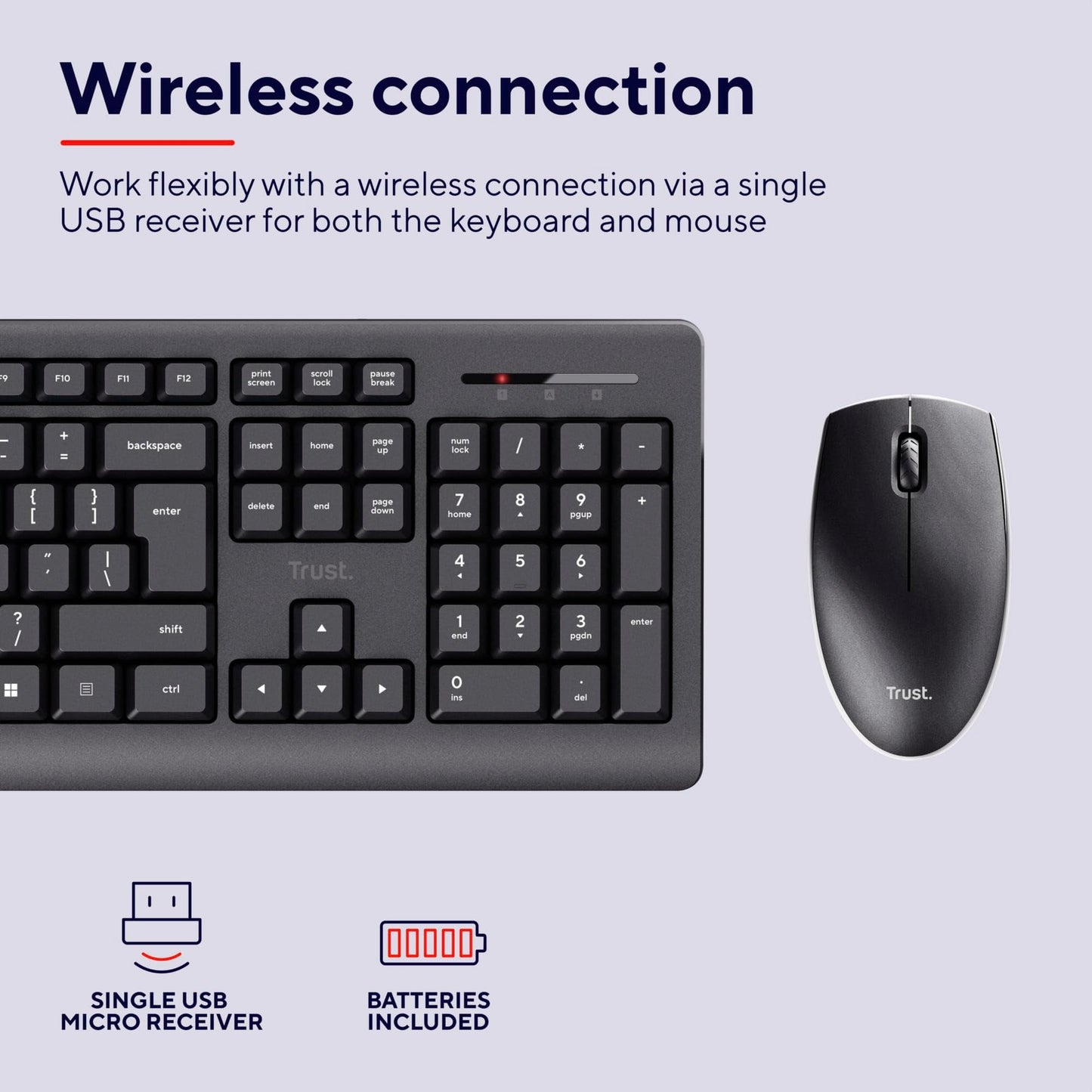 Trust Primo Wireless Keyboard and Mouse Set QWERTY UK Layout, Low Profile Keys, Spill-Resistant, One USB Receiver, Ambidextrous Wireless Mouse, Home Office Combo for PC Laptop Mac - Black