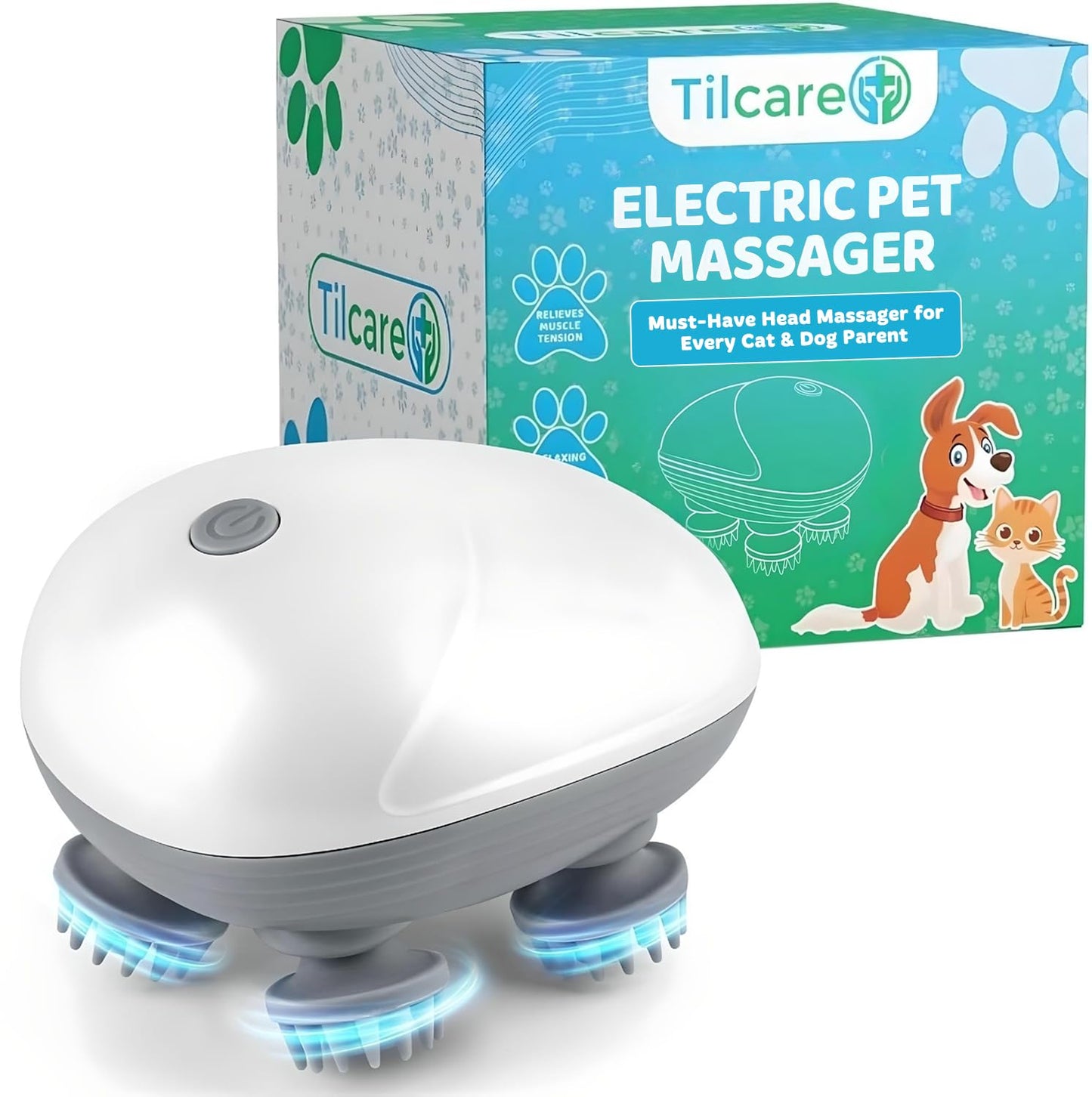 Handheld Pet Massager for Dogs and Cats by Tilcare - Electric Massage Tool - Head and Back Scratcher for Relieving Tension with Four Rotating Massage Heads