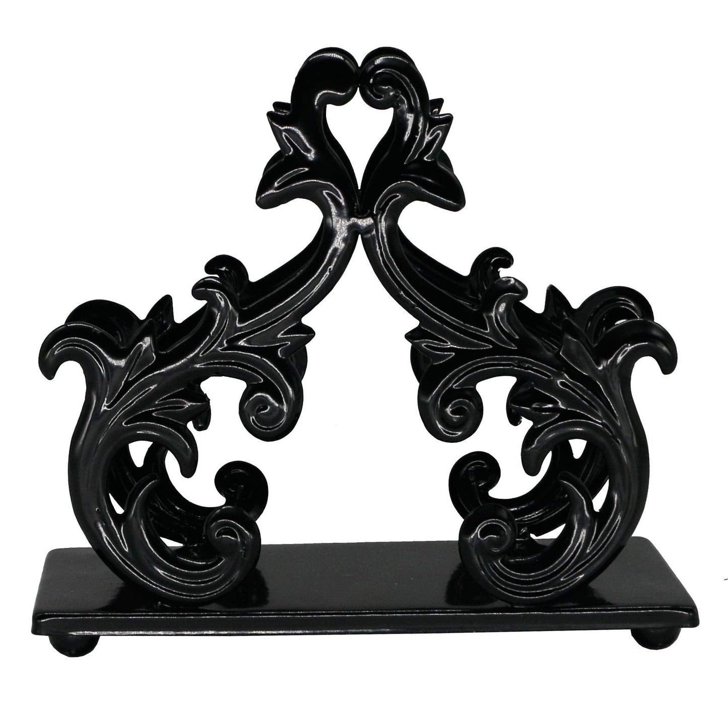Owlgift Baroque Black Napkin Holder – Decorative Metal Tissue Rack for Tabletop, Mail, or Bill Organizer – 6 x 2 x 5.3 Inches, Glossy Finish for Home or Restaurant Use