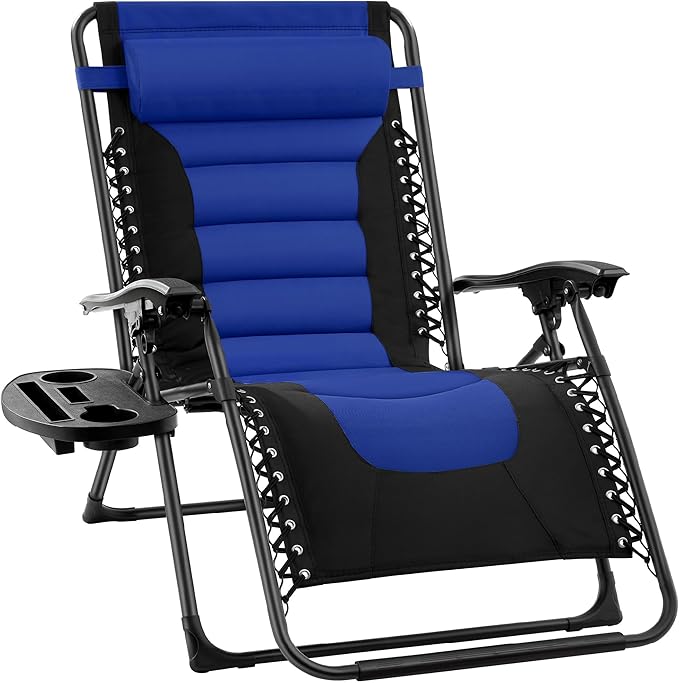 Best Choice Products Oversized Padded Zero Gravity Chair, Folding Outdoor Patio Recliner, XL Anti Gravity Lounger for Backyard w/Headrest, Cup Holder, Side Tray, Polyester Mesh - Blue