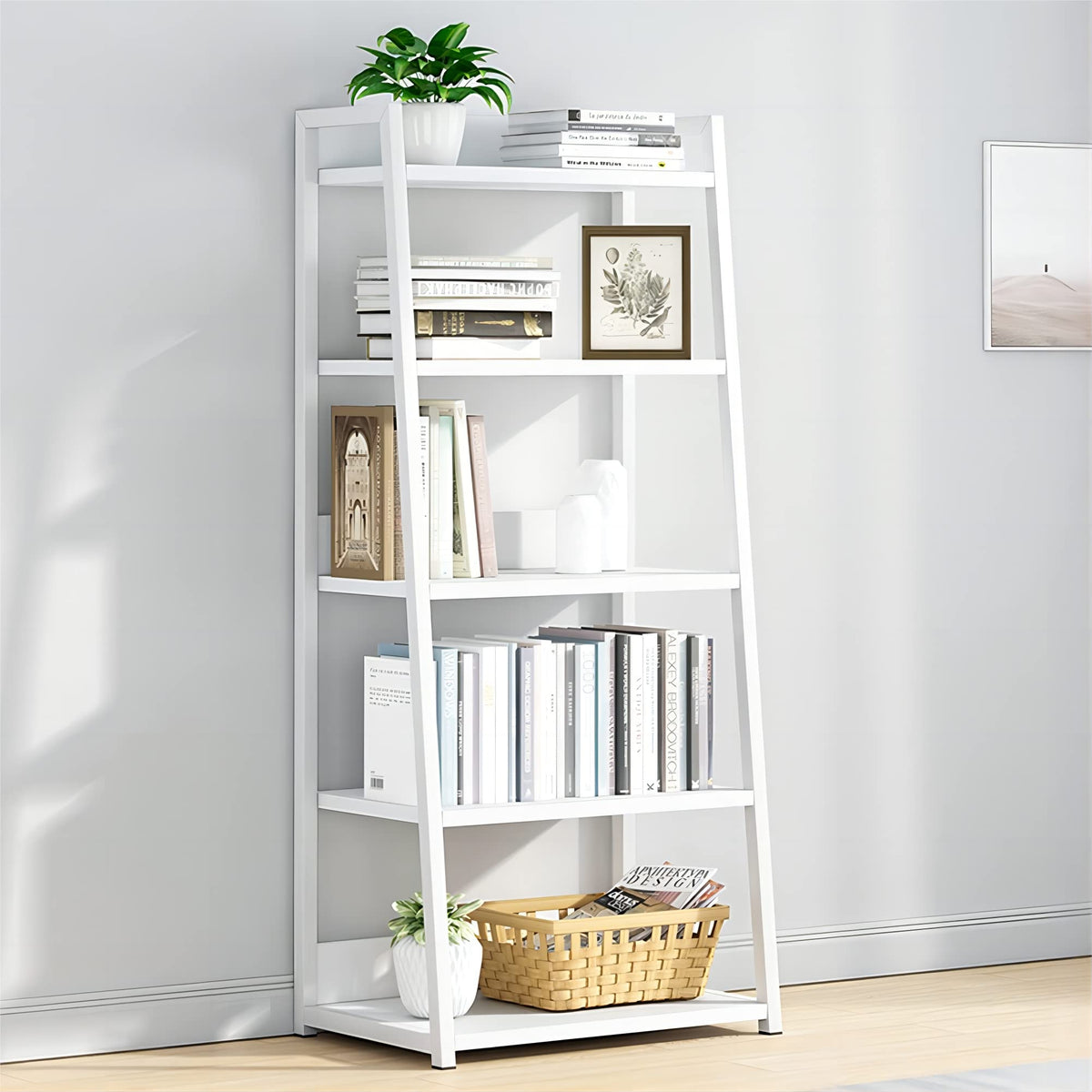 IOTXY 5 Tier Open Bookshelf - Steel and Wood Display Stand, 19.7" Width Floor-Standing Bookcase, White