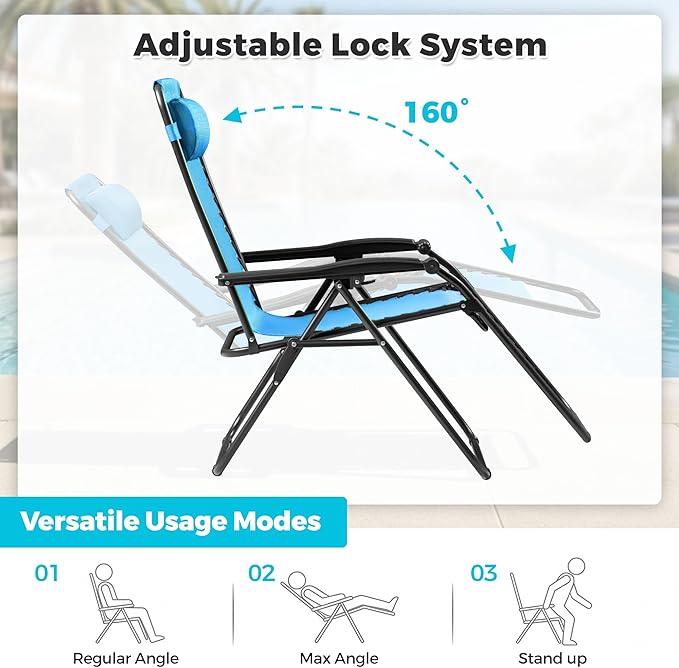 Homall Zero Gravity Chair Patio Folding Lawn Outdoor Lounge Gravity Camp Reclining Lounge Chair with Cup Holder Pillows for Poolside Backyard and Beach Set of 4 (Sky Blue)