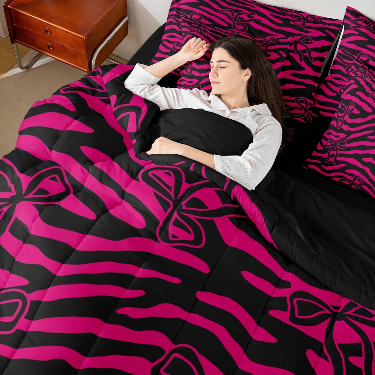 jejeloiu Bow Comforter Set with Sheets 7 Piece Twin Size Zebra Stripes Bedding Set for Kids Boys Girls Wild Animal Skin Bed in a Bag Cute Bowknot Room Decor Hot Pink Soft Lightweight Microfiber