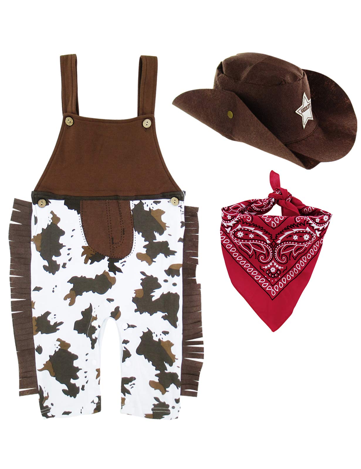 A&J DESIGN Halloween Baby Boys' Western Cowboy Romper Sets With Scarf And Hat Overall(0-6 Months, Brown)