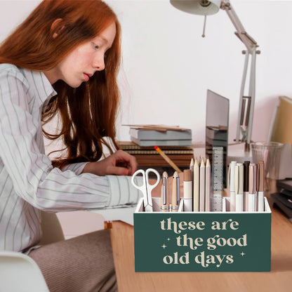 SkyCozy Green Inspirational Pen Pencil Holder for Desk, Motivational Inspirational Gifts, These Are the Good Old Days Positive Affirmation Wooden Box Sign Decorations for Home Office Desk Tabletop