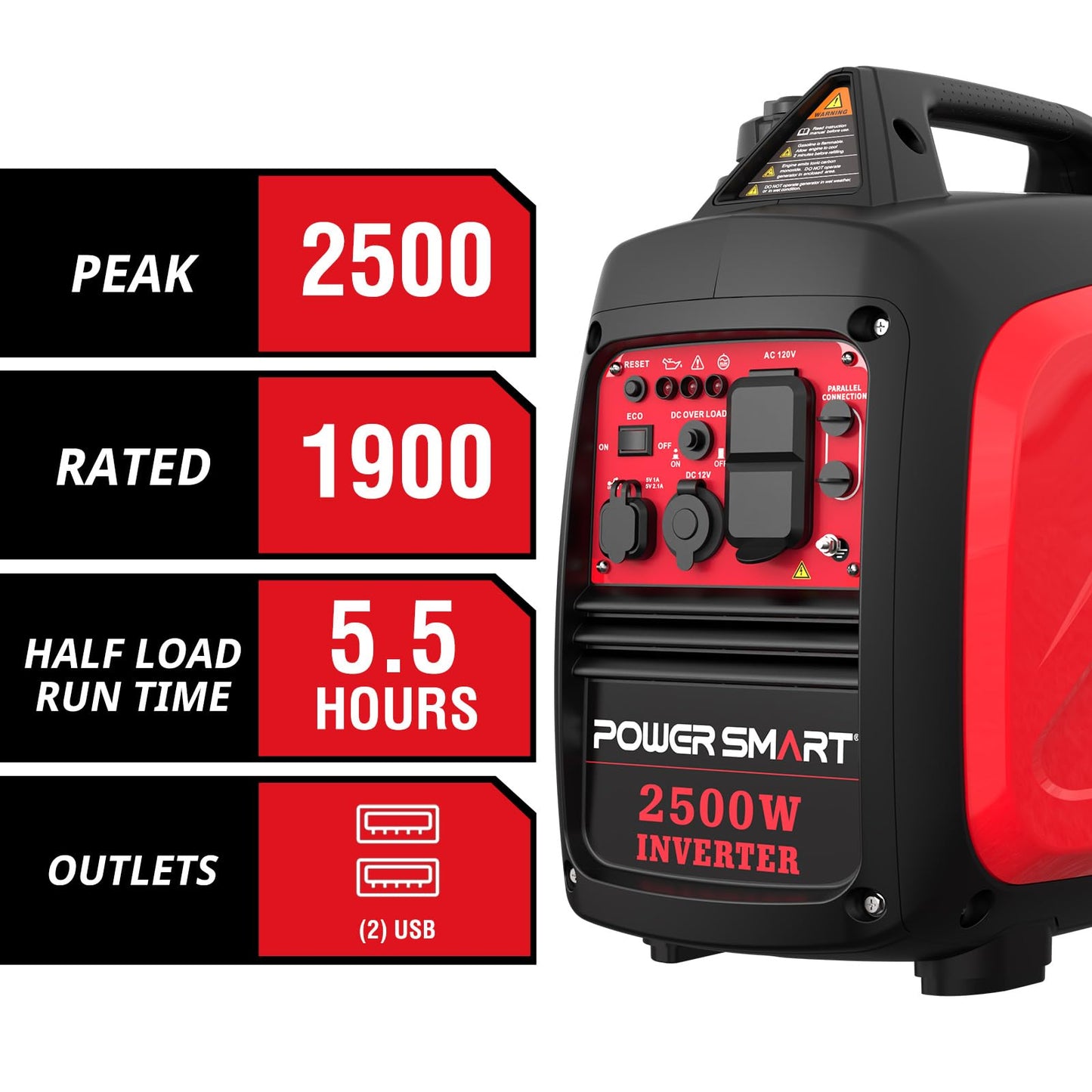 PowerSmart 2500-Watt Gas Powered Portable Inverter Generator, Super Quiet for Camping, Tailgating, Home Emergency Use, Ultra Lightweight, EPA Compliant