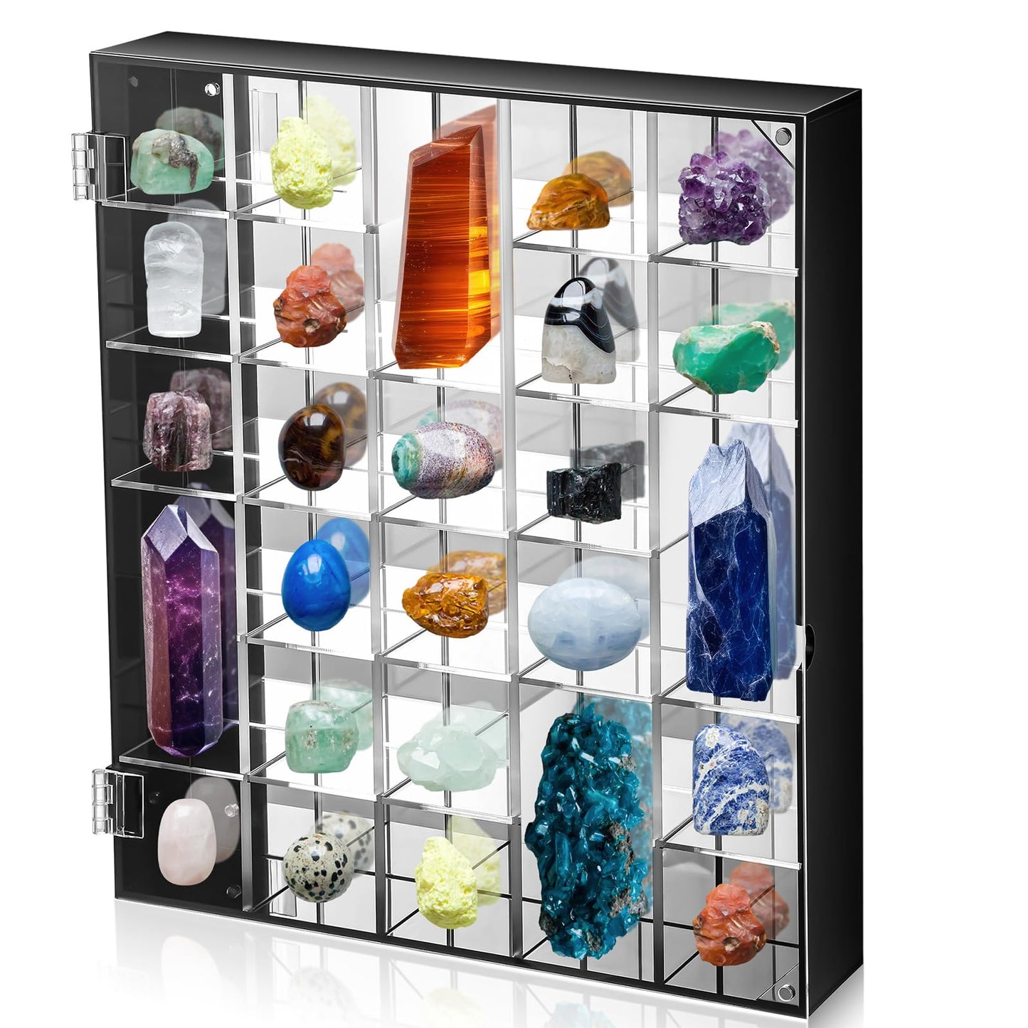 Cinnvoice Rock Display Case Adjustable 30 Grids Acrylic Display Case with Mirrored Crystal Organizer for Collectible, Crystal, Stones, Wall Mountable, Magnetic Door (Black Border, Square)