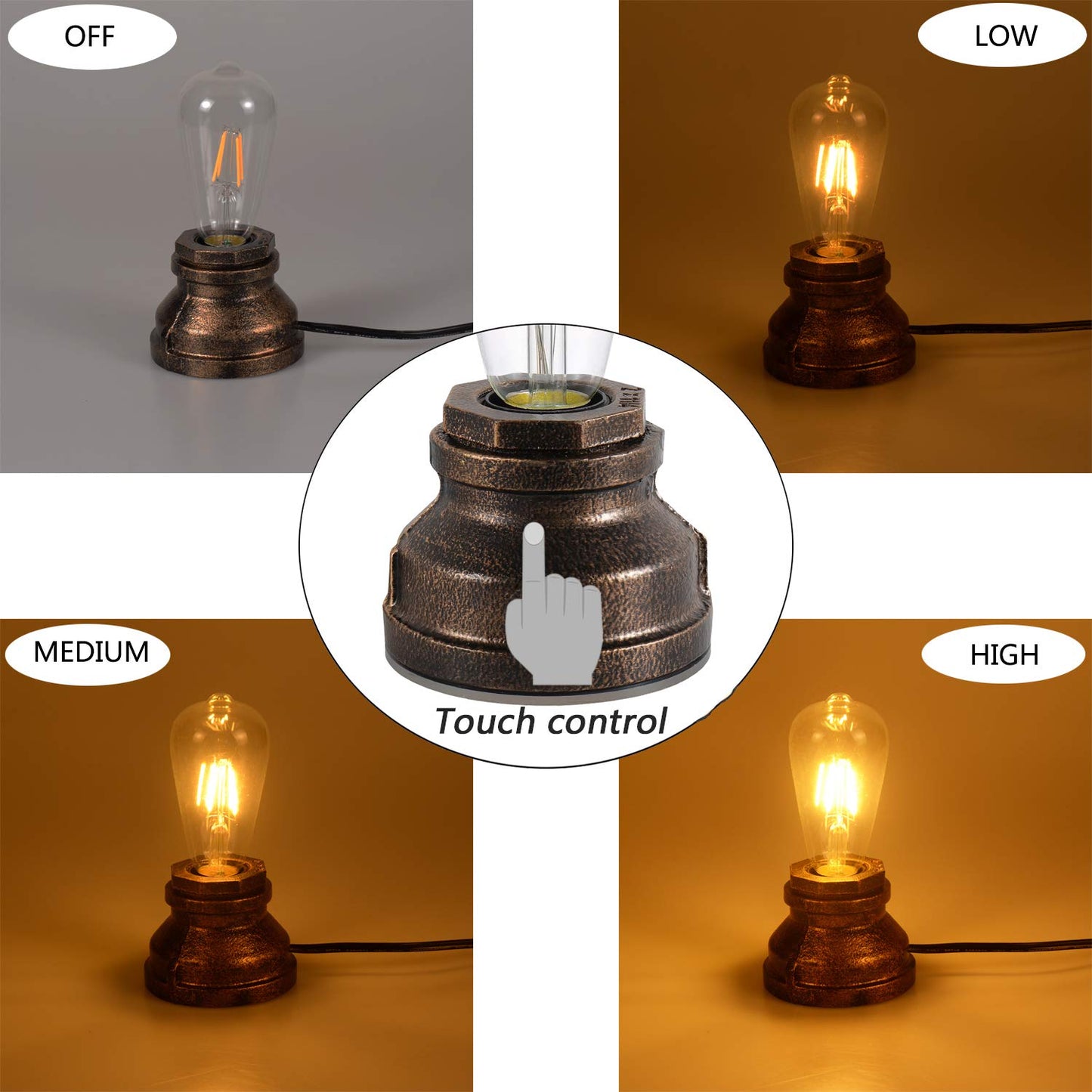 Lovefindahome Vintage Touch Control Table Lamp,Edison 4W LED Dimmable Bulb Included,with 3 Levels of Brightness,Small Desk Industrial Night Light for Living Room Bedroom,Bronze
