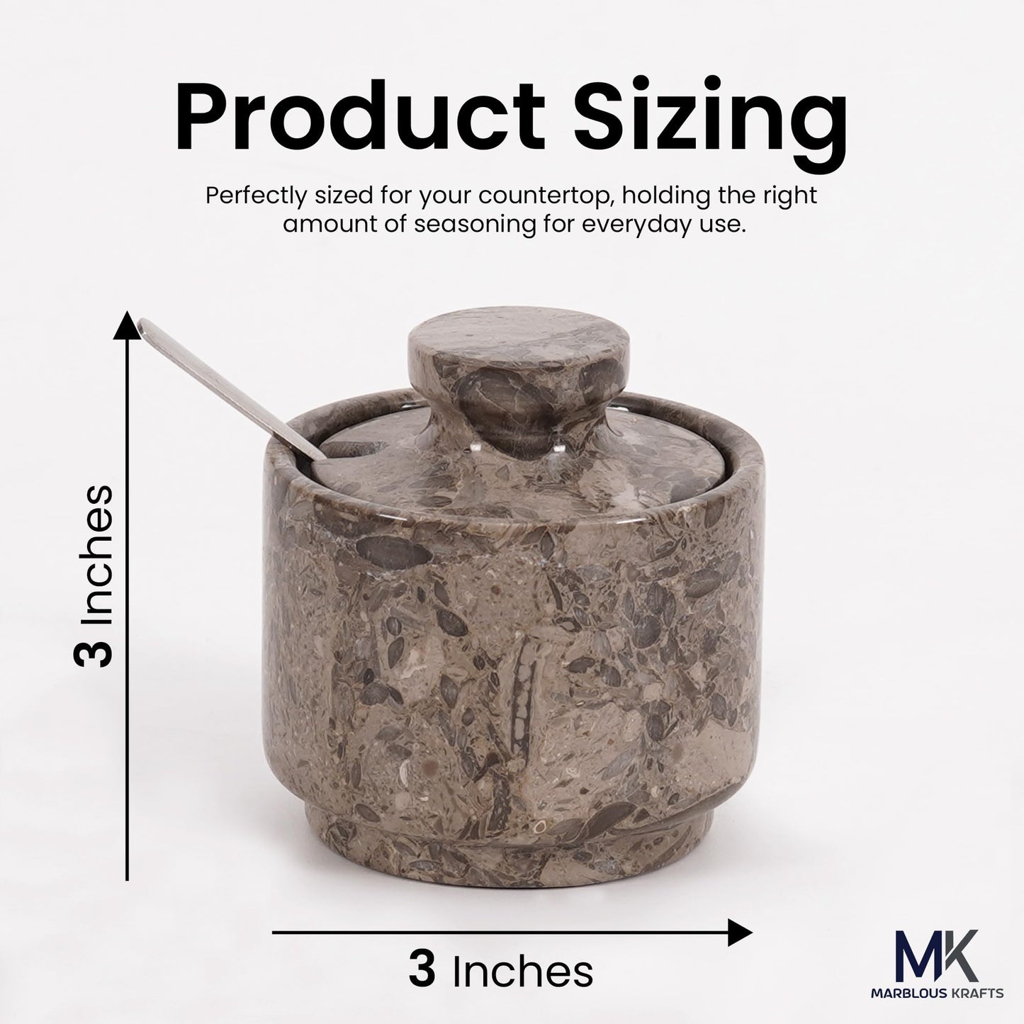 MARBLOUS KRAFTS Marble Salt Cellar Oceanic 3" Flaky Salt Dish for Countertop Ideal Spice Box, Candy Bowl, Brown Sugar Jar with Lid and Spoon, Kitchen Storage, Gift for New Home
