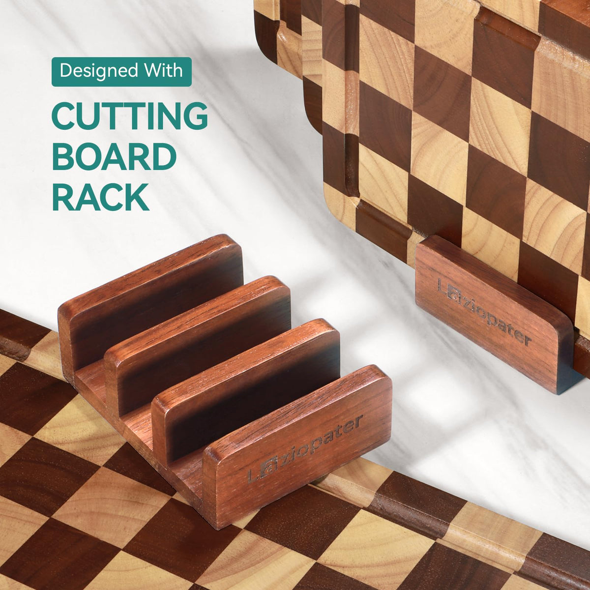 Checkerboard Cutting Board 3-PC Set, Solid Wooden Chopping Board, Acacia Wood Cutting Board for Kitchen with Holder with Deep Juice Grooves & Built-in Handles, for Meat, Vegetables and Fruits