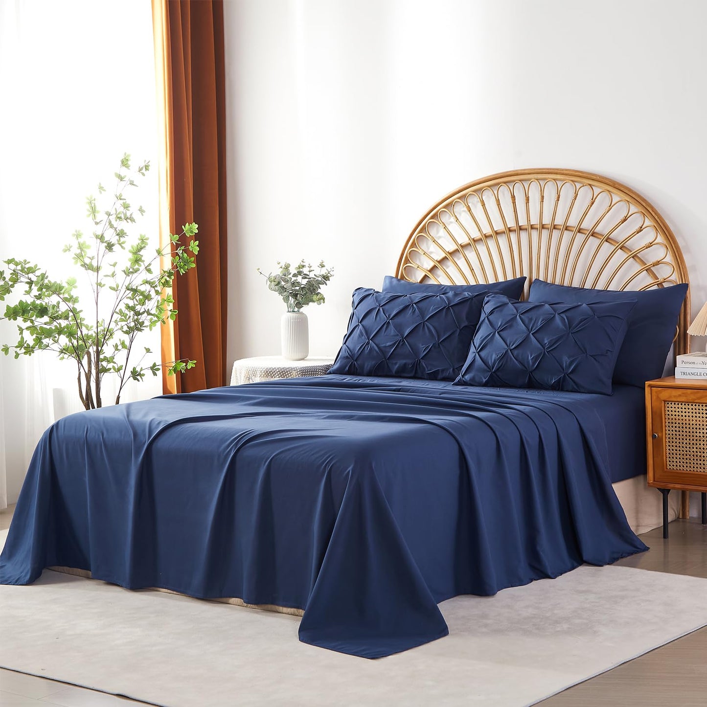 AiMay 6PC Sheet Pillowcase Set Deep Pocket Double Brushed Microfiber Soft Durable Solid Color Wrinkle Free 1 Flat Sheet 1 Fitted Sheet 2 Pillowcases 2 Pinch Plated Pillowcases(Navy Blue, Queen)