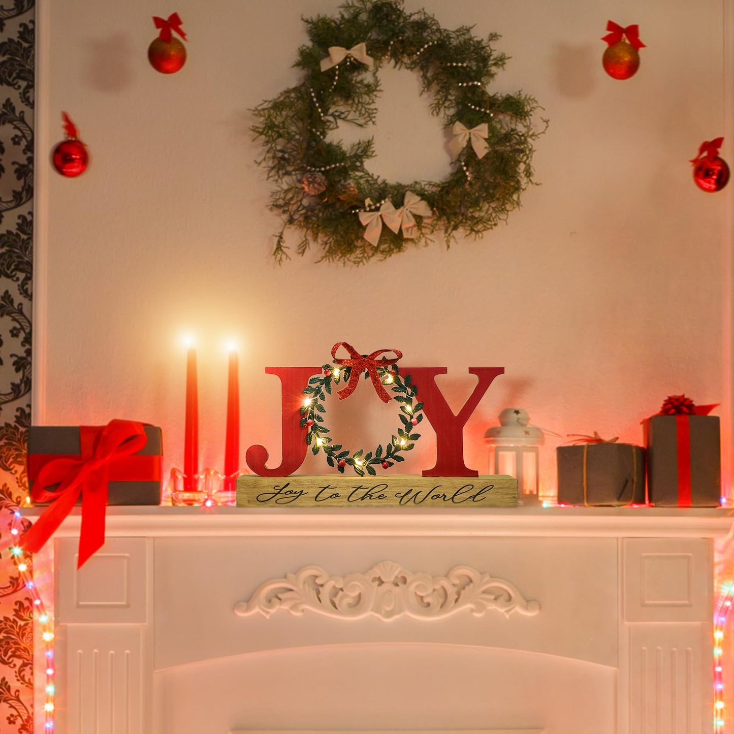 Christmas Decorations for Home LED Lighted Joy Sign with Timer Wreath Farmhouse Wooden Rustic Tabletop Decorative Sign Xmas Holiday Home Decor Indoor Room