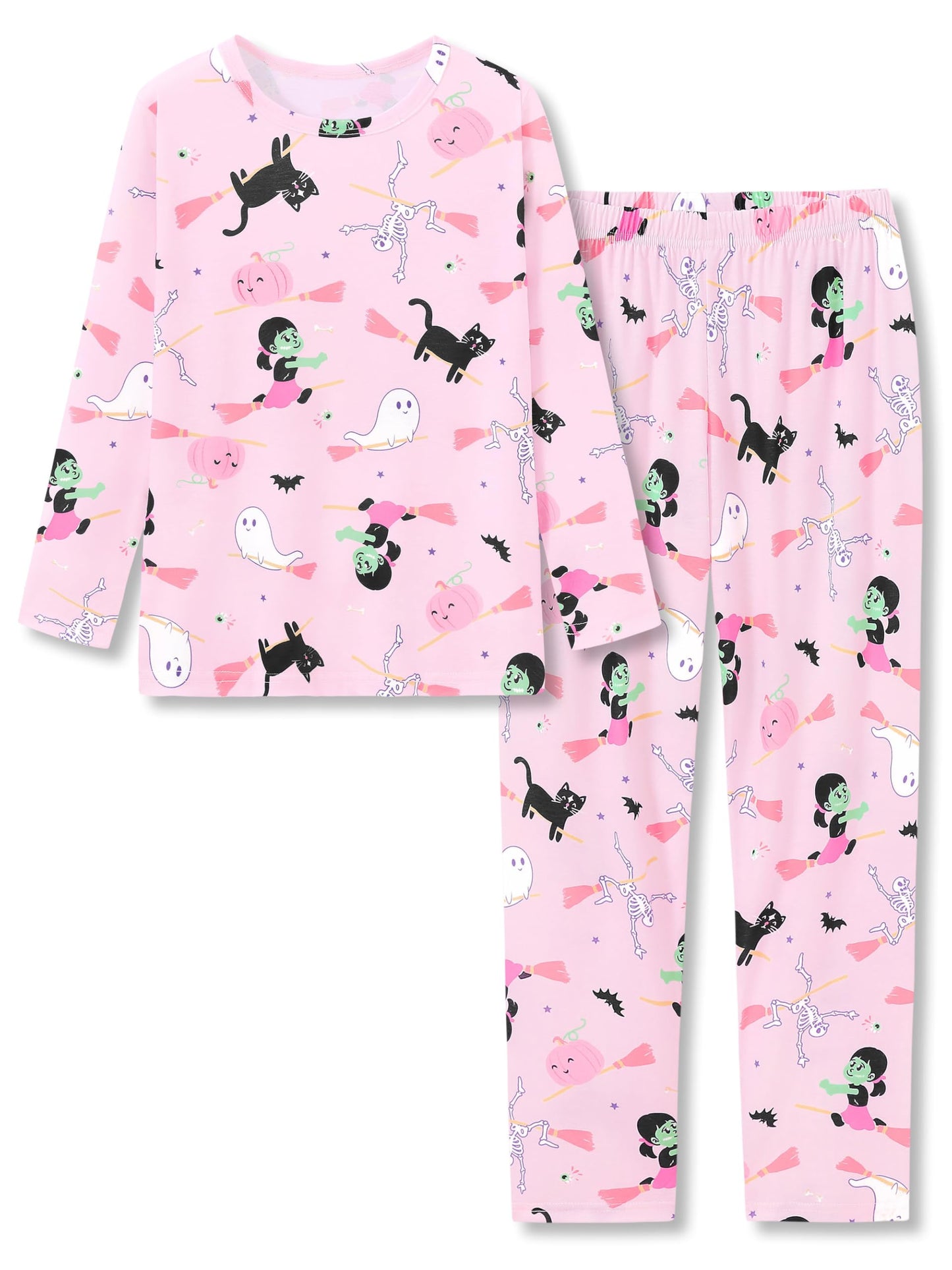 Topgal Big Girls Pajamas Pink Cat Ghost Skeleton Pumpkin Broom Nightwear Set for Teens Little Kids 2PC PJS Size 6