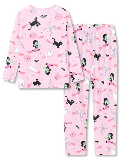 Topgal Big Girls Pajamas Pink Cat Ghost Skeleton Pumpkin Broom Nightwear Set for Teens Little Kids 2PC PJS Size 6