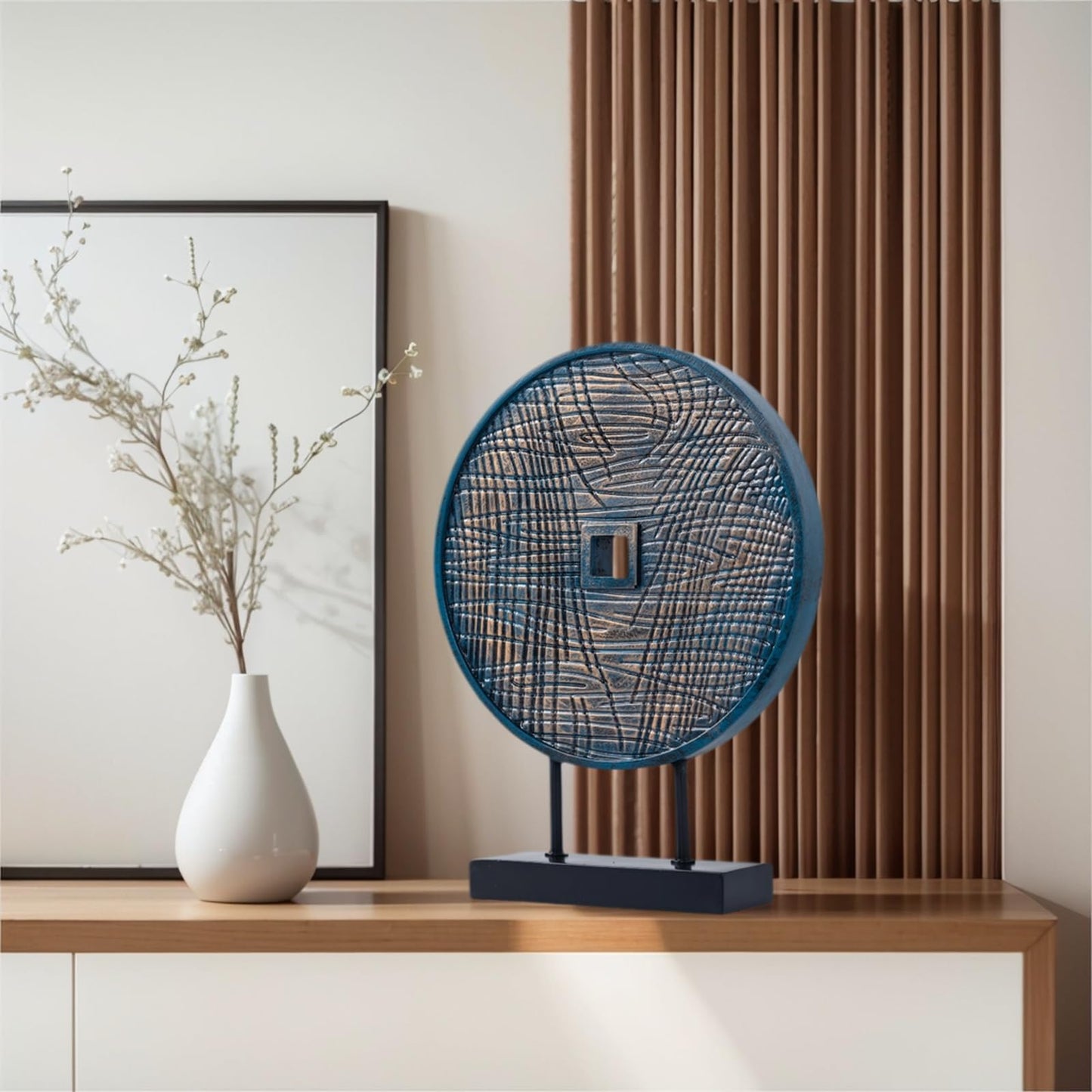 LuckySunDecorQZ Unique Round Coin Sculpture Decorative Objects for Shelf Home Decor Accents, Modern Abstract Tabletop Decor Items for Living Room Fireplace Mantel, Above Cabinet (Blue)