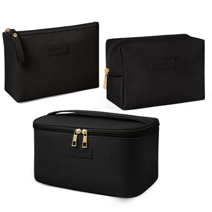MAANGE 3 Pcs Makeup Bag(L+M+S) Travel Cosmetic Bags with Brush Compartment PU Leather Small Makeup Bag Portable Make Up Bag Versatile Zipper Makeup Pouch for Women, Black