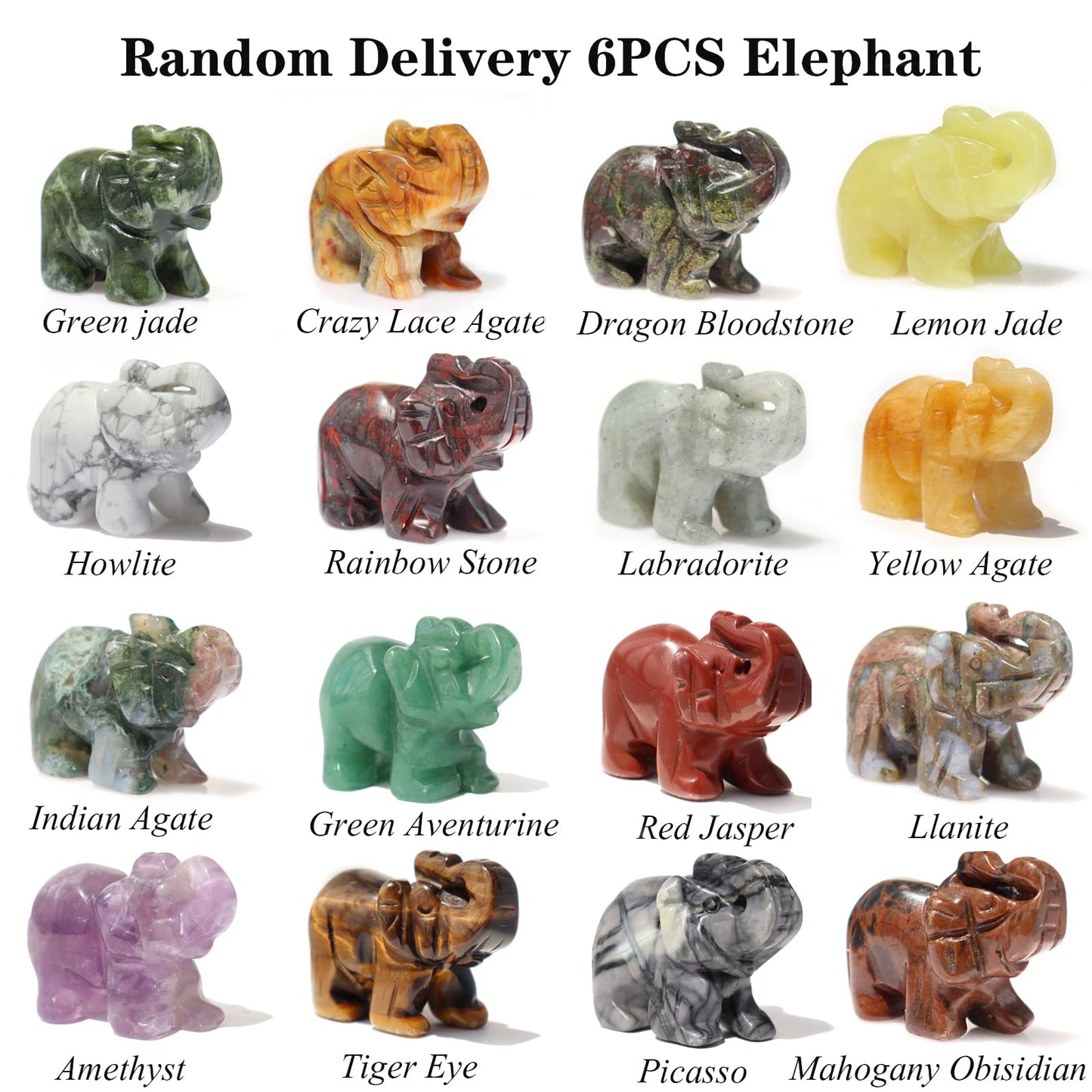 Wemeki Gemstone Elephant Figurines Mix 6PCS, Hand Carved Statue Healing Crystal Guardian Stones for Home Decorations 1.5''