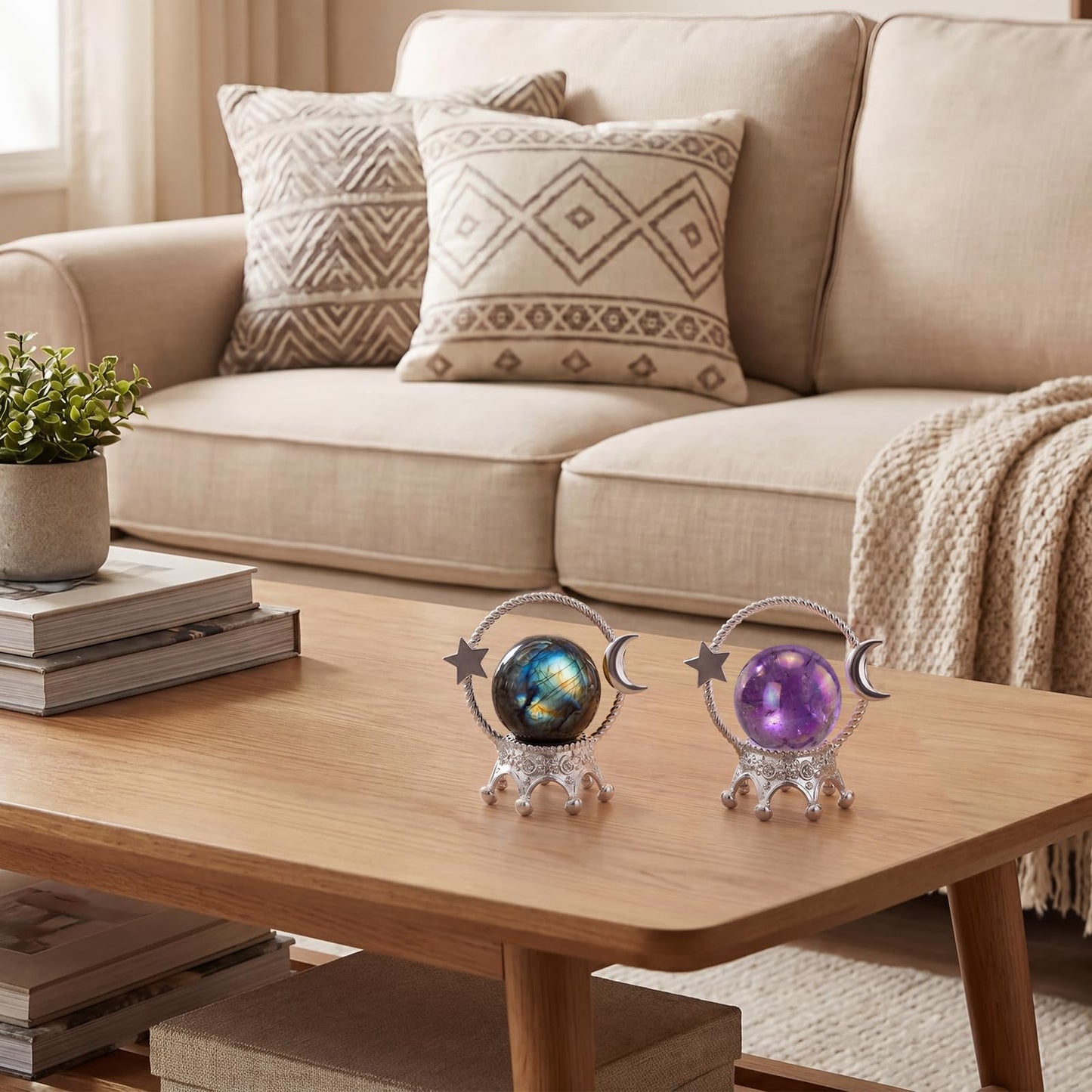 ElaraBerry 2 Pcs Silver Moon Sphere Crystal Ball Stand Crystal Display Stand Rock Display Holder for Displaying Glass Balls Natural Rocks Marbles Small Spherical Ornaments