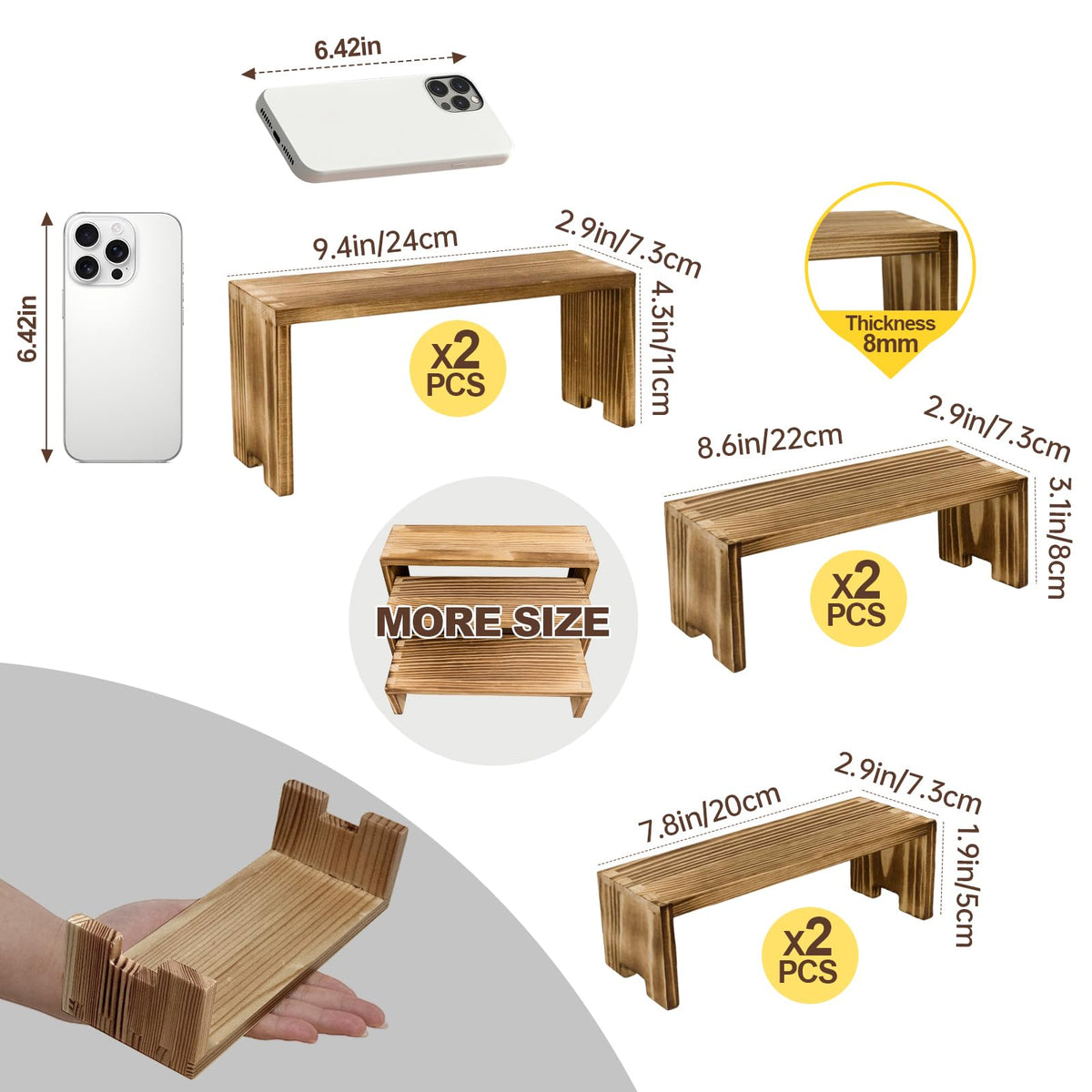 Yikaroeli 2 Set Small Display Riser Wood Risers Wooden Cupcake Display Stand,9.4"-7.8" Graduated Sizes,3Tiered 6Pcs Display Racks Dessert Food Stands