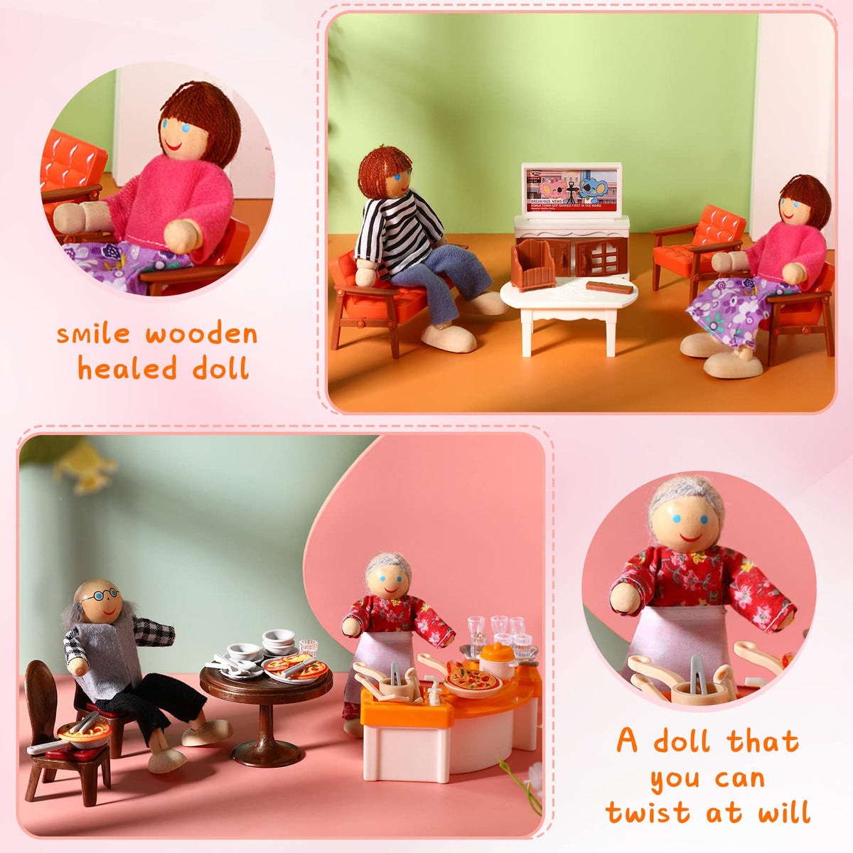 HyDren 83 Pcs Wooden Plastic Dollhouse Furniture Set with 8 Flexible Dolls for 5 Rooms Kits Kitchen Dining Living Room Bedroom Bathroom Modern Dollhouse Accessories and Furniture Toys for Girl Boy