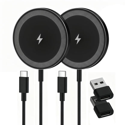 Magnetic Wireless Charger Charging Pad: 15W Qi Fast Portable Slim Charger Puck for iPhone 17e 17 Air 17 Pro Max 16 15 14 13 12 Series S26 & AirPods 4 3 2 Pro - Include USB-C/A Dual Ports (2Pack Black)