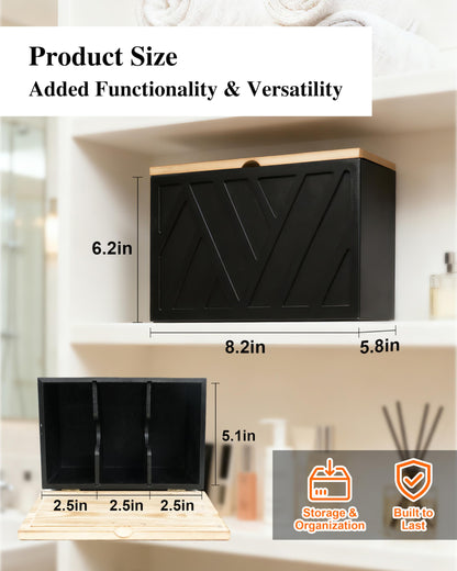 KeepTwenty Tampon Holder for Bathroom Decor Feminine Product Organizer With Lid Shark Week Box Wooden Pad Girl Stuff Box (BLACK, lid) (1, BLACK)