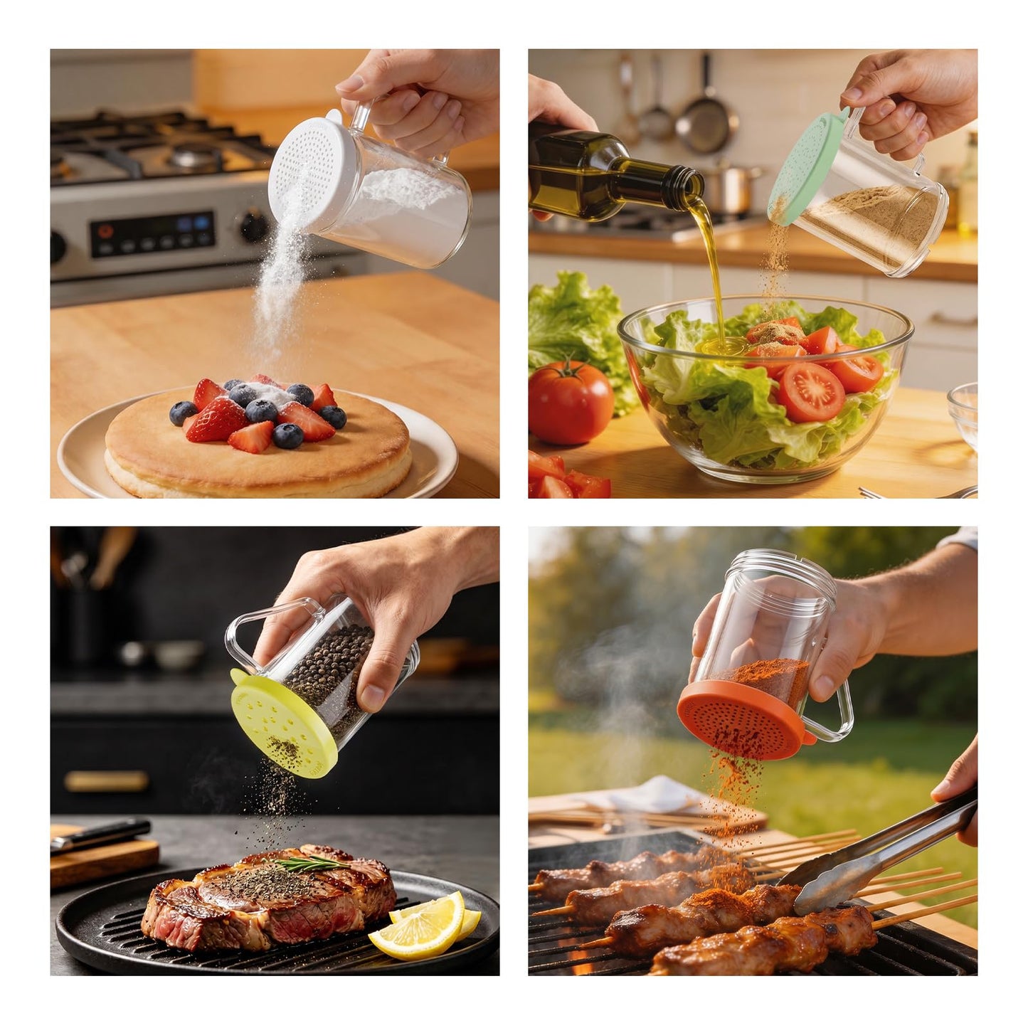 GATBO 4-Pack Plastic Dredge Shaker Set, 10 oz Clear Flour & Sugar Dispensers with Handles, Commercial Seasoning Shakers for Powder, Spices & Herbs, 4 Bodies & 4 Lids with Different Hole Sizes