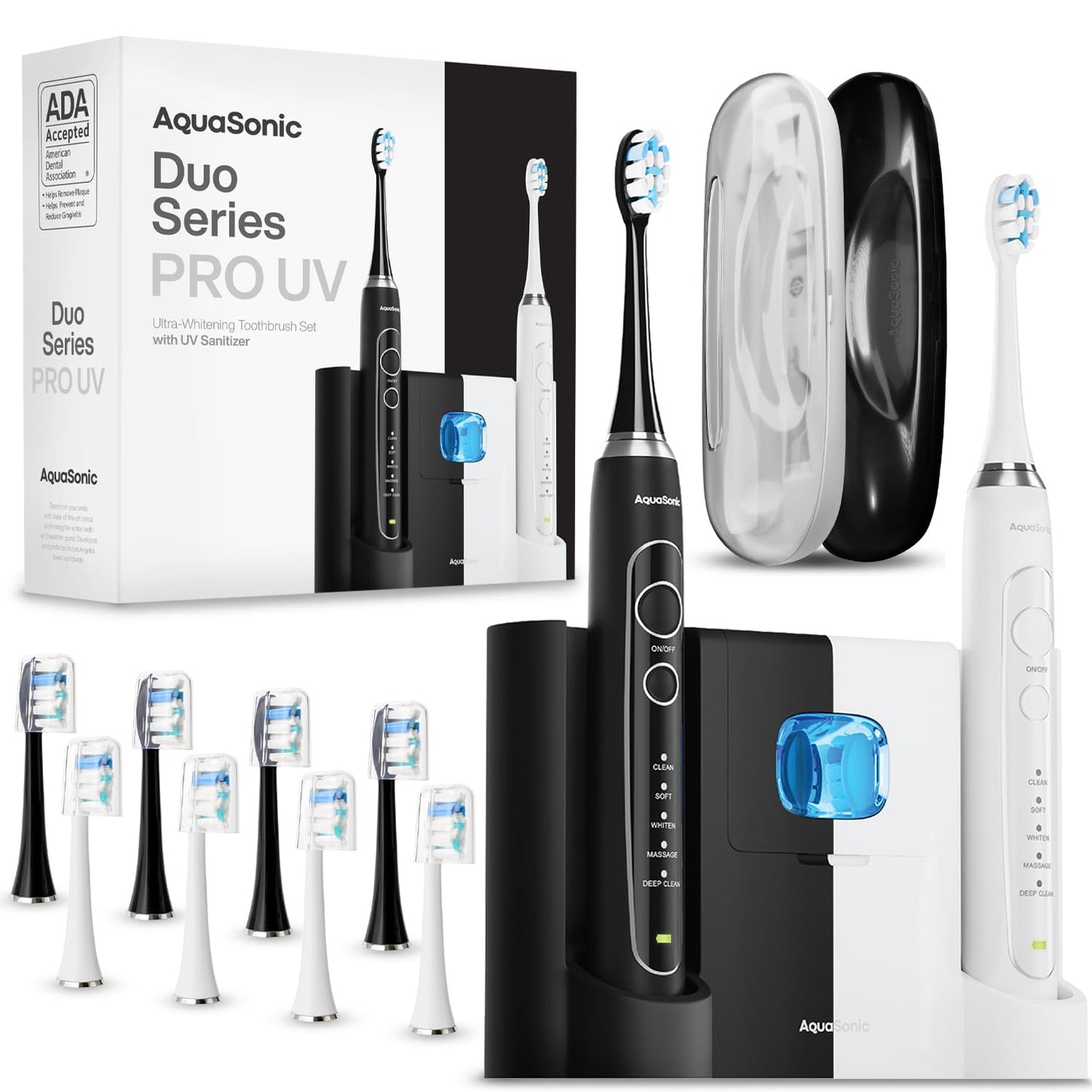 Aquasonic Duo PRO Ultra Whitening 40,000 VPM Electric Smart ToothBrushes ADA Accepted - 4 Modes with Smart Timers - UV Sanitizing & Wireless Charging Base - 10 Proflex Brush Heads & 2 Travel Cases