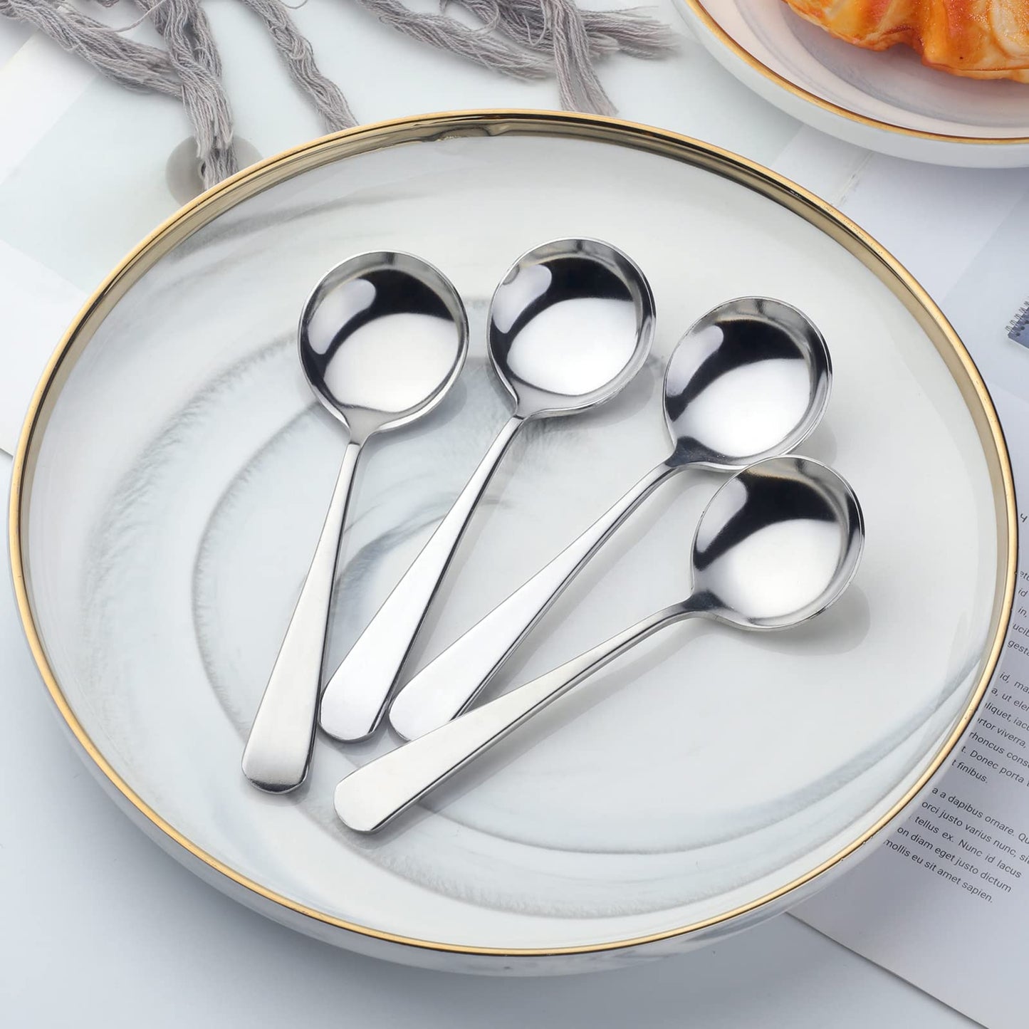 Broth Round Spoon Set, 12 Piece Reusable Stainless Steel Dinner Table Cereal Soup Spoon, Camping Ramen Spoons,Silver,dishwasher safe