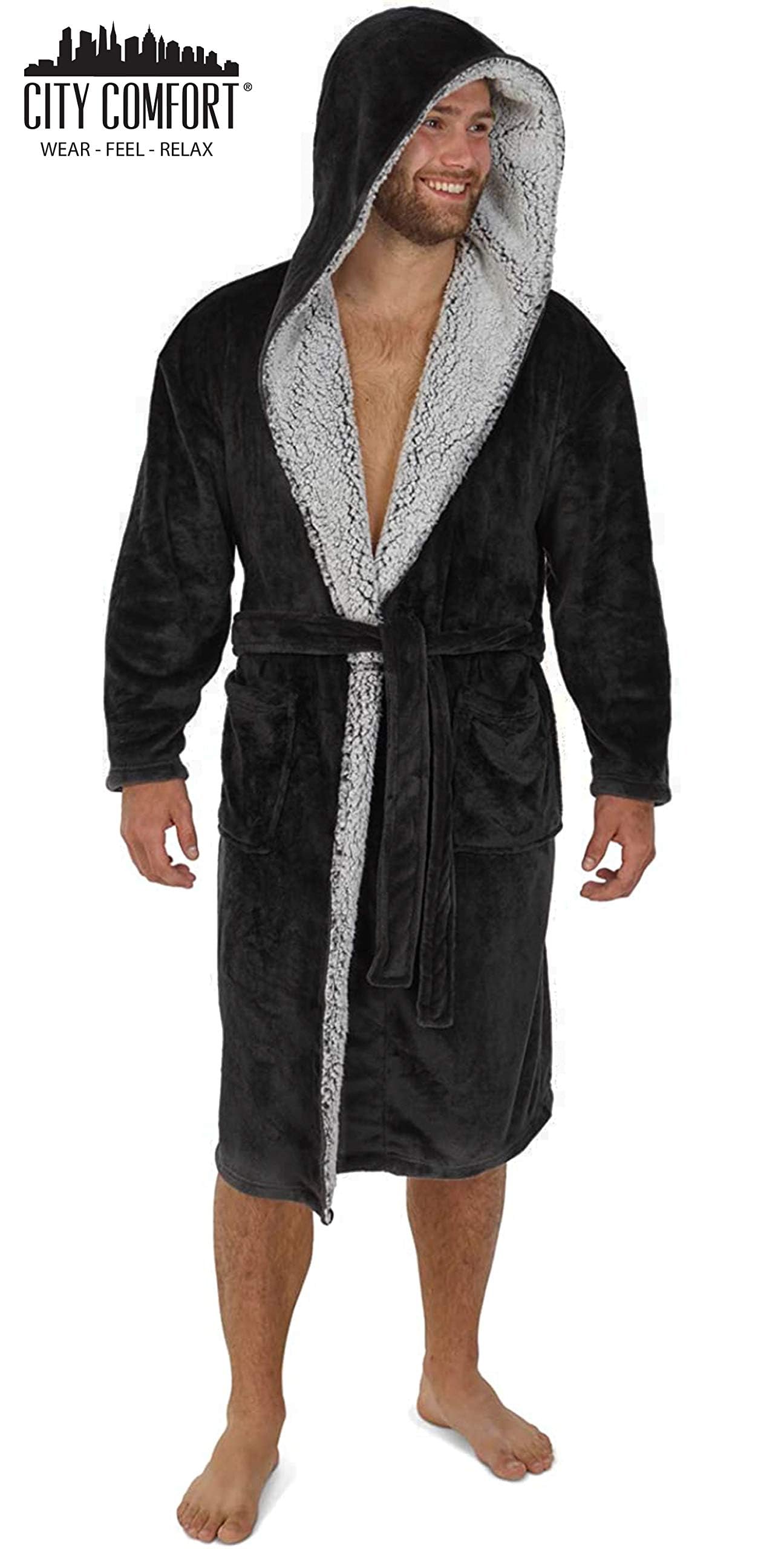 CityComfort Dressing Gown Men and Teenagers - Super Soft Hooded Mens Fleece Robe - Sizes M-2XL Warm Cosy Loungewear Nightwear (Charcoal Black, XL)