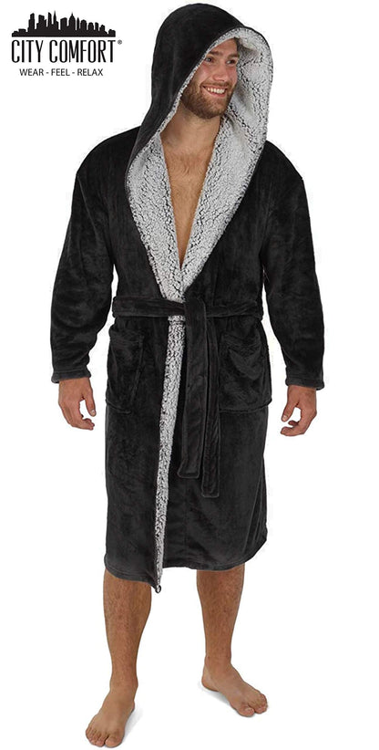 CityComfort Dressing Gown Men and Teenagers - Super Soft Hooded Mens Fleece Robe - Sizes M-2XL Warm Cosy Loungewear Nightwear (Charcoal Black, XL)