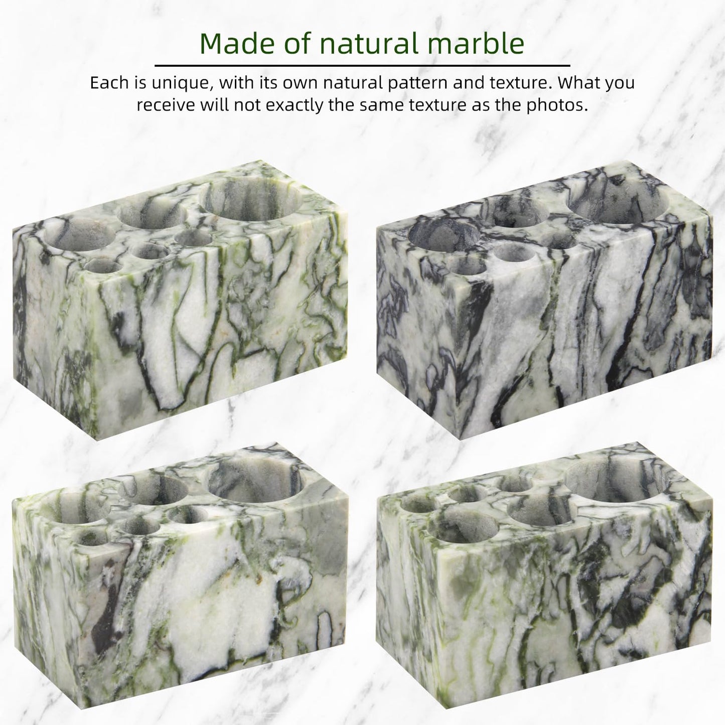 Natural Marble Toothbrush Holder,Large Bathroom Organizer Countertop,Stone Toothbrush and Toothpaste Stand with Non-Slip Silicone Pads (1,Green Emerald,6 Slots)