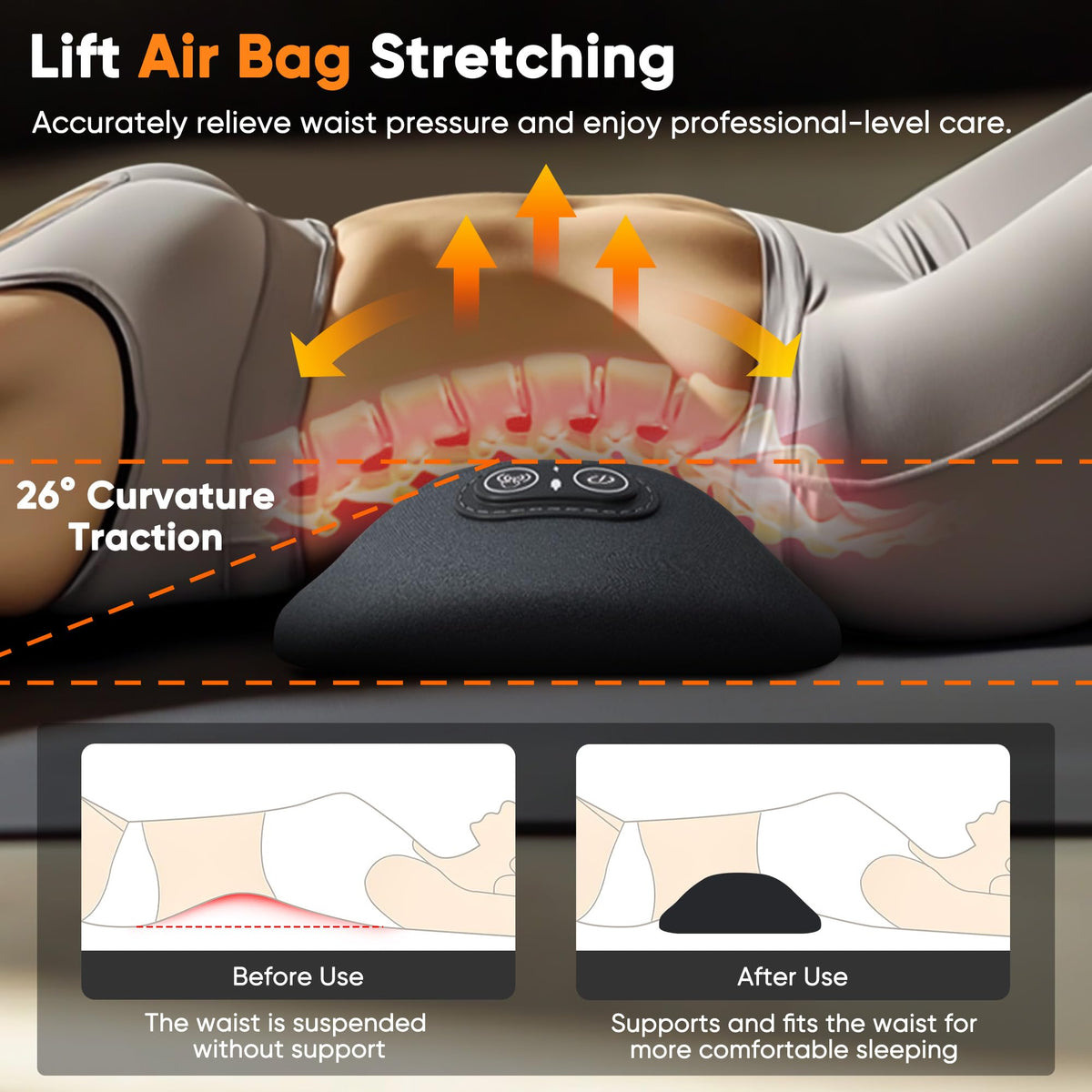 3 in 1 Electric Lumbar Support Pillow with Adjustable Height for Bed and Chair,Back Massager with Heat,Back Support Pillow for Lower Back Pain Relief,Waist Wedge Bolster (Black)