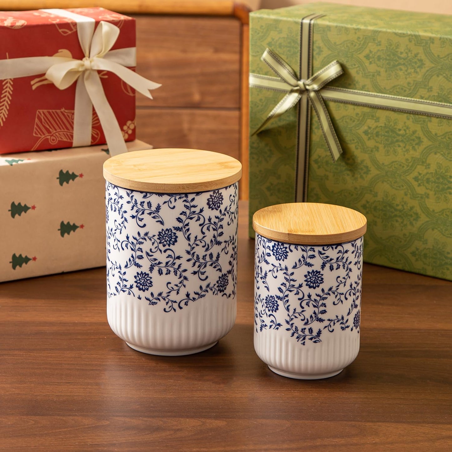 Cerkik Canisters Sets for the Kitchen - 2 Pcs 36/18 oz Ceramic Kitchen Containers for Countertop with Airtight Wood Lids - Flour and Sugar Containers for Coffee Tea Spice Beans Cookie Jars - Blue