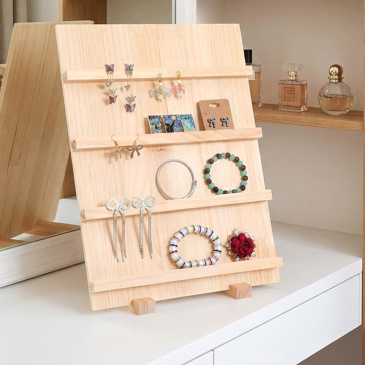 Leooomap 2-Pack 4-Tier Wooden Earring Display Stand, Rustic Earring Display Card Holder with Slots for Jewelry Storage, Craft Shows, and Retail Storefront