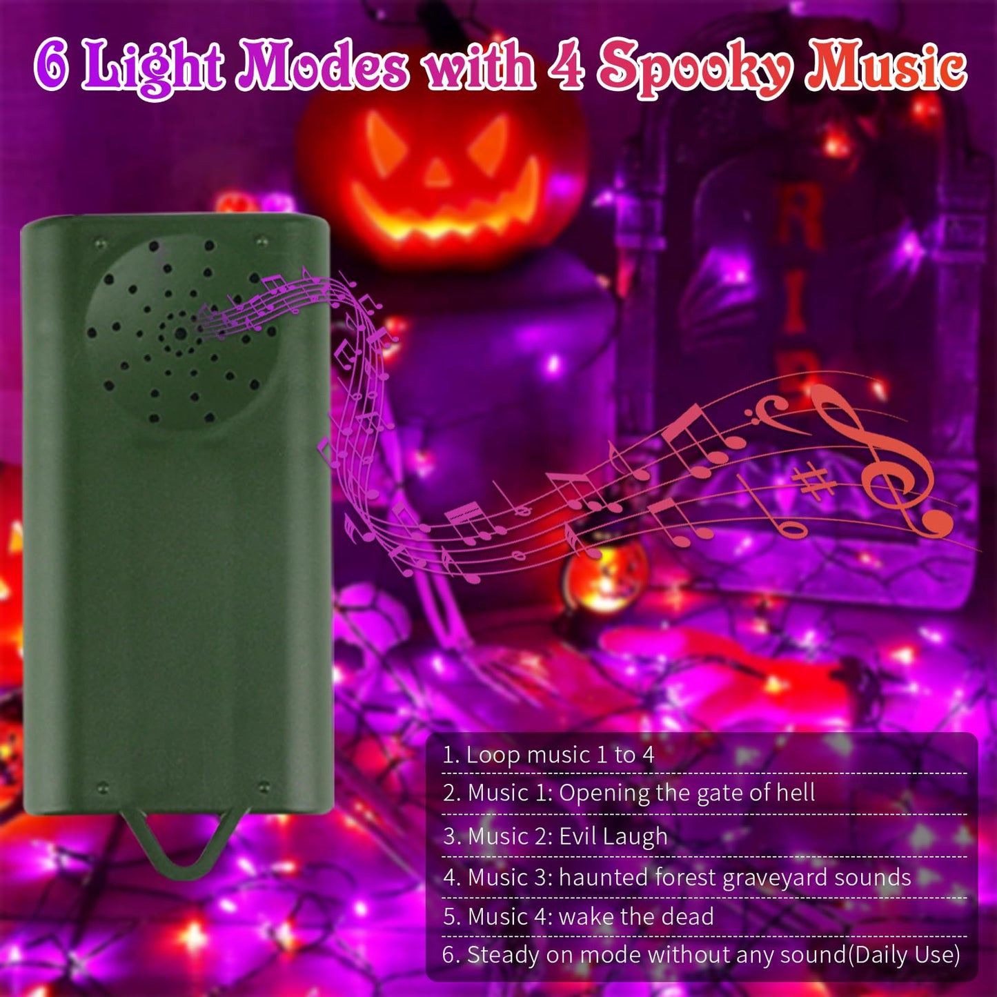 VTECHOLOGY 100 LED Motion Sensor Orange & Purple Halloween String Lights,33ft USB & Battery Operated Halloween Light String with Spooky Music for Halloween Holiday Indoor Decor