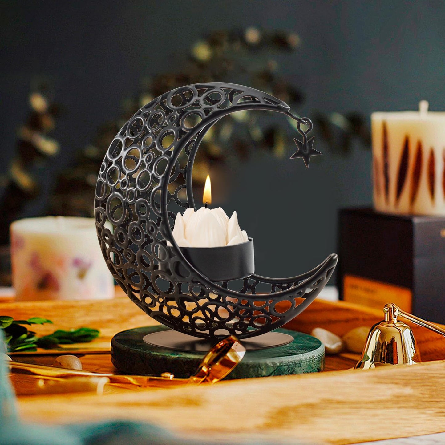 MrMrKura Moon Candle Holders Set of 2, Metal Tealight Candle Holder for Table Centerpiece Decorative Votive Candlesticks Holder for Party Home Decor (Black)