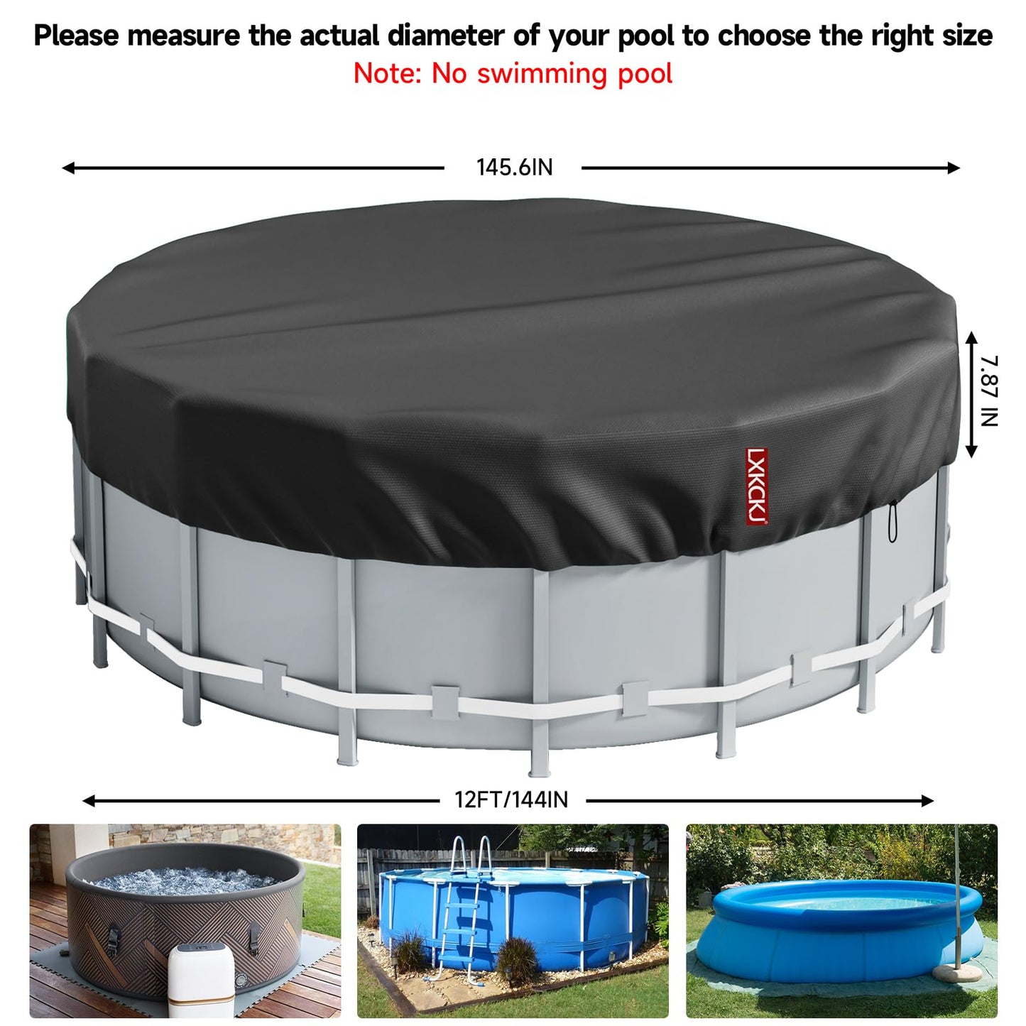LXKCKJ 12 Ft Round Pool Cover, Solar Covers for Above Ground Pools, Inground Pool Cover Protector with Drawstring Design Increase Stability, Hot Tub Cover Ideal for Waterproof and Dustproof (Black)