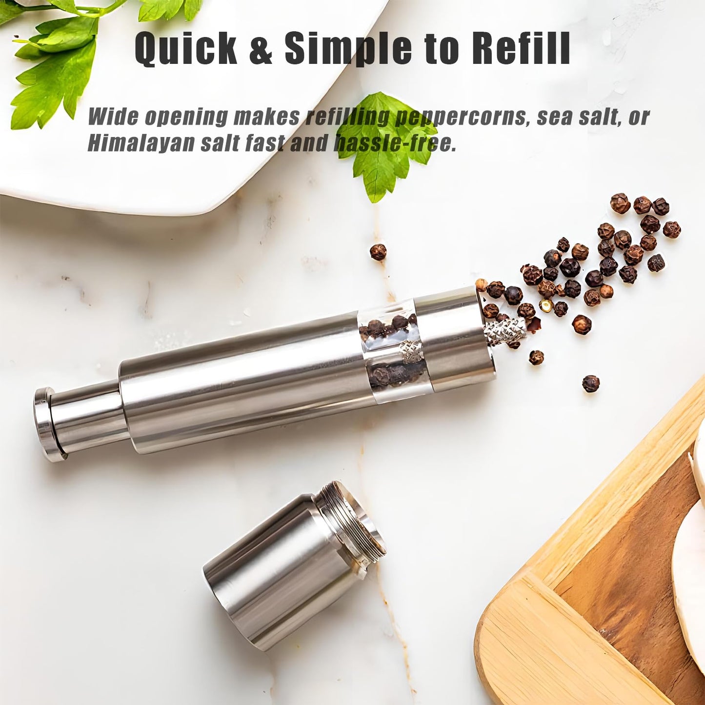 Salt and Pepper Grinder Set, Pump & Grind Peppermill, 2 Refillable Stainless Steel Mills with Thumb Press, One-Handed Salt and Pepper Grinder with Clear Acrylic Stand for Kitchen and Dining