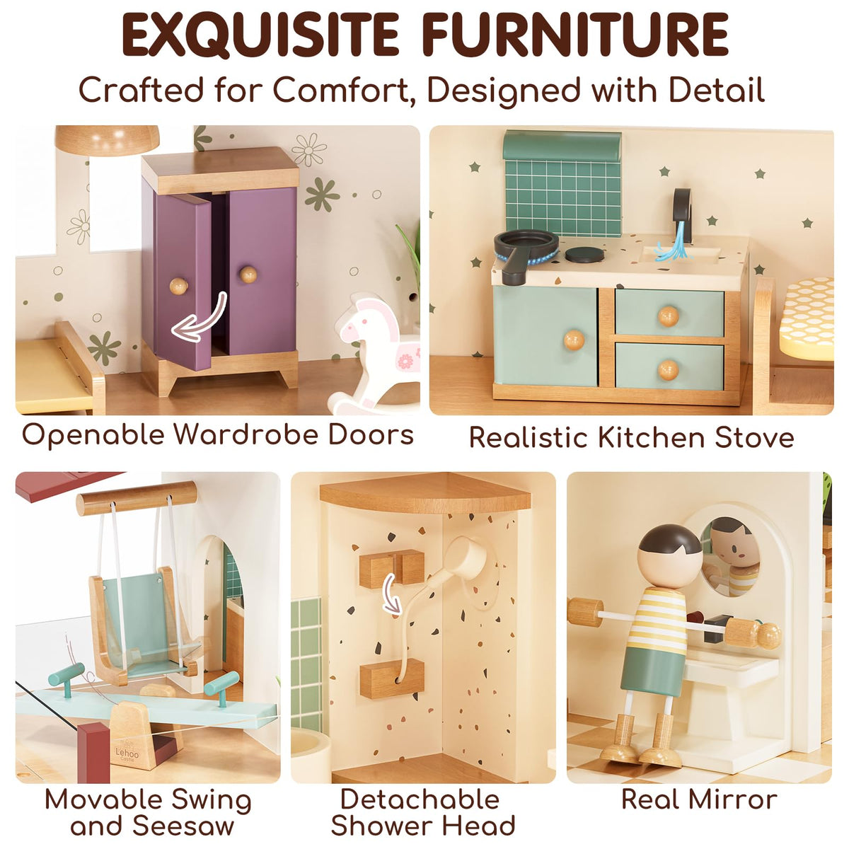 Lehoo Castle Wooden Dollhouse for Girls, Realistic Doll House with 5 Rooms & 38 Accessories, DIY Pretend Play Dream Dollhouse with Doll and Furniture, Ideal Creative Gift for Ages 3+