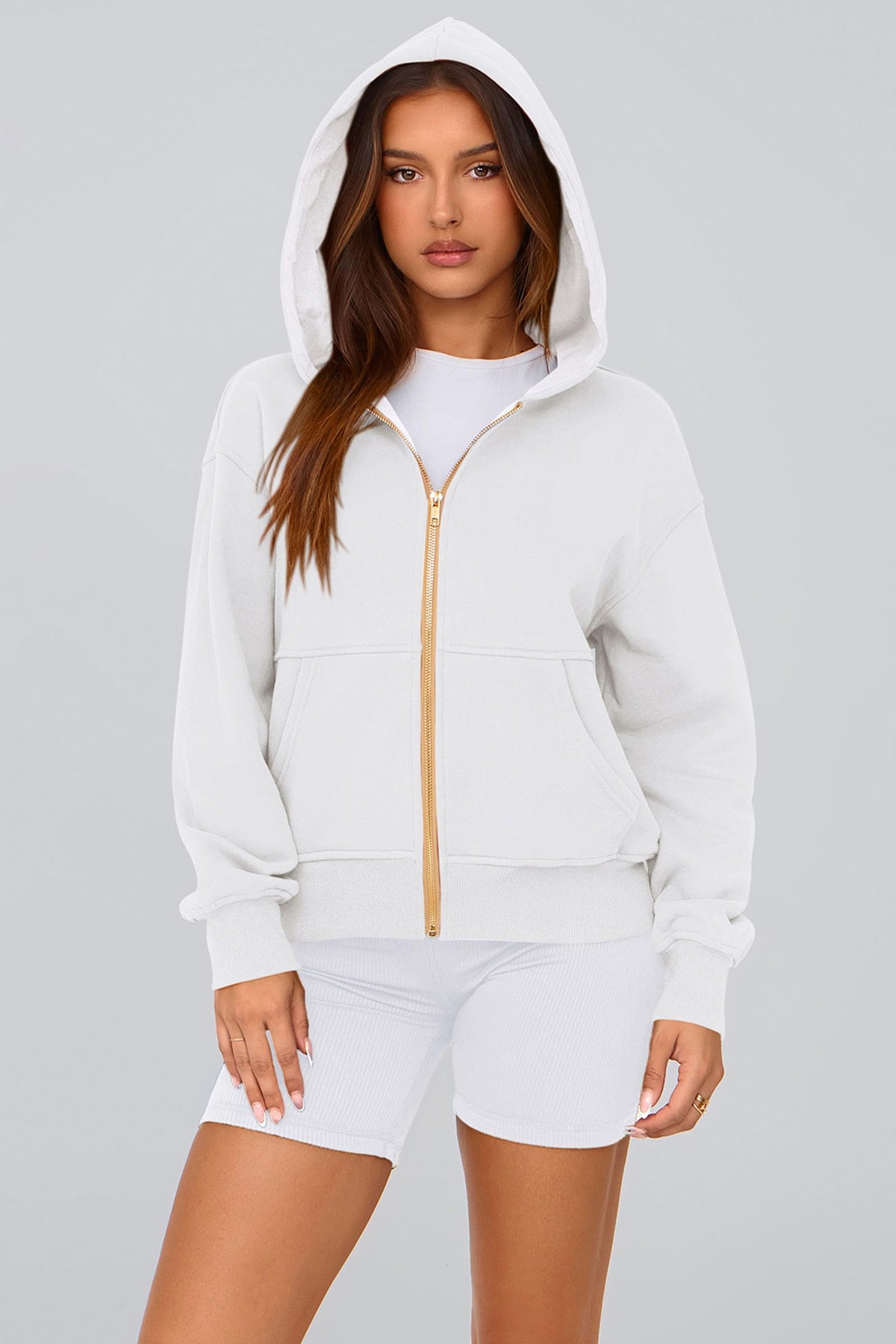PRETTYGARDEN Women's Zip Up Hoodie Sweatshirt Y2K Fall Fashion Long Sleeve Loose Fit Casual Trendy Jackets Winter Clothing (White,Small)